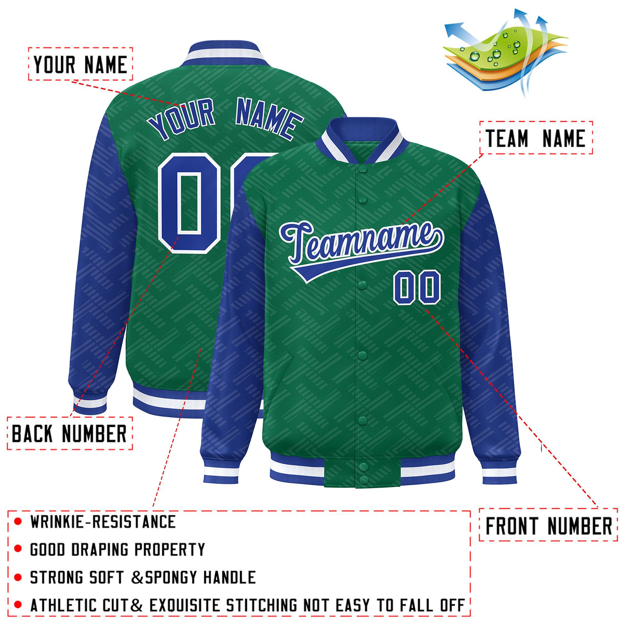 Custom Kelly Green Royal L Pattern Varsity Raglan Sleeves Full-Snap Letterman Baseball Jacket