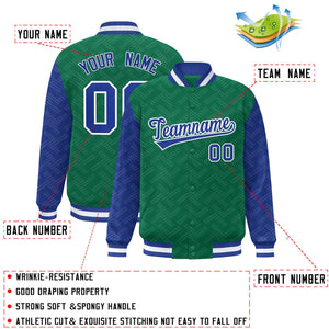 Custom Kelly Green Royal L Pattern Varsity Raglan Sleeves Full-Snap Letterman Baseball Jacket