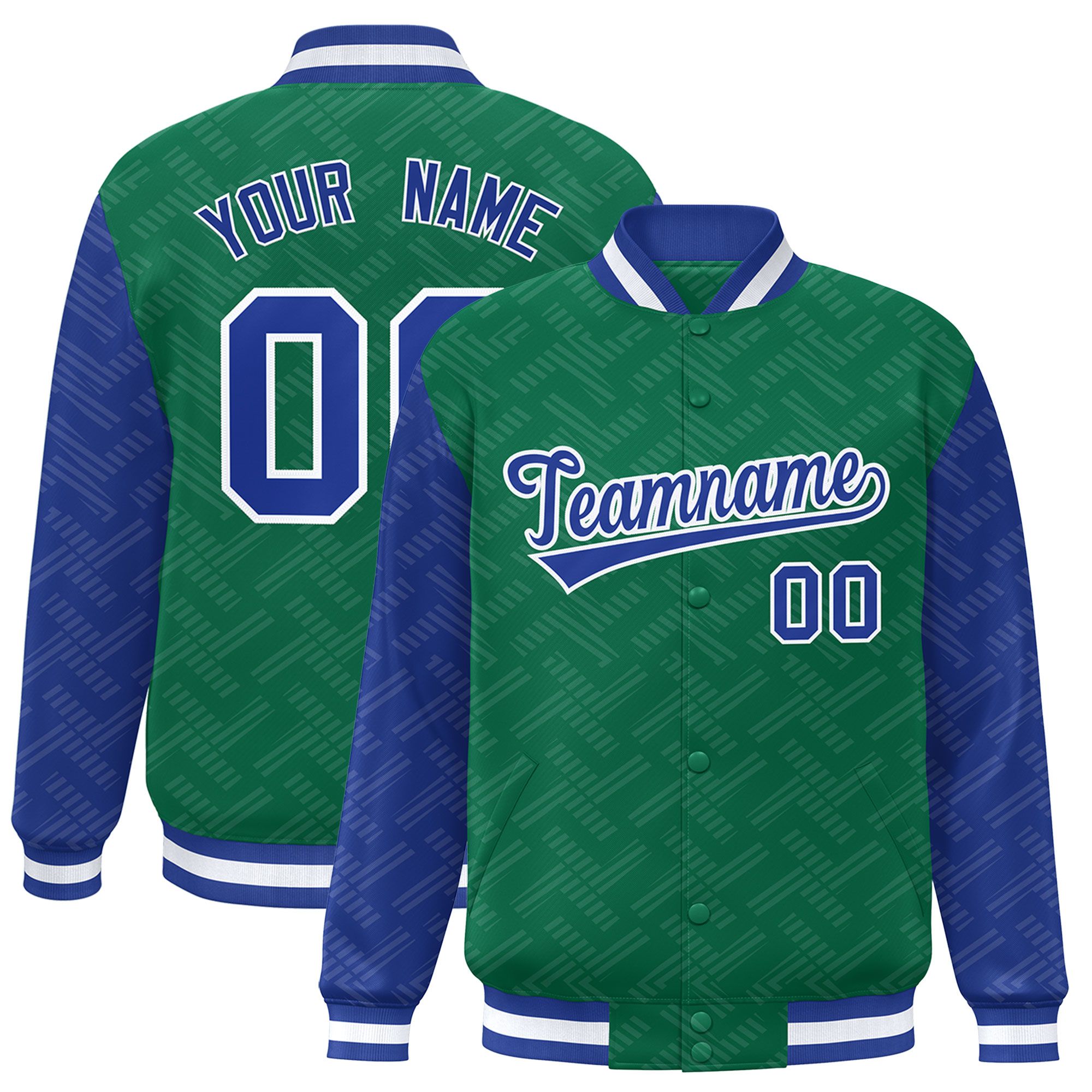 Custom Kelly Green Royal L Pattern Varsity Raglan Sleeves Full-Snap Letterman Baseball Jacket