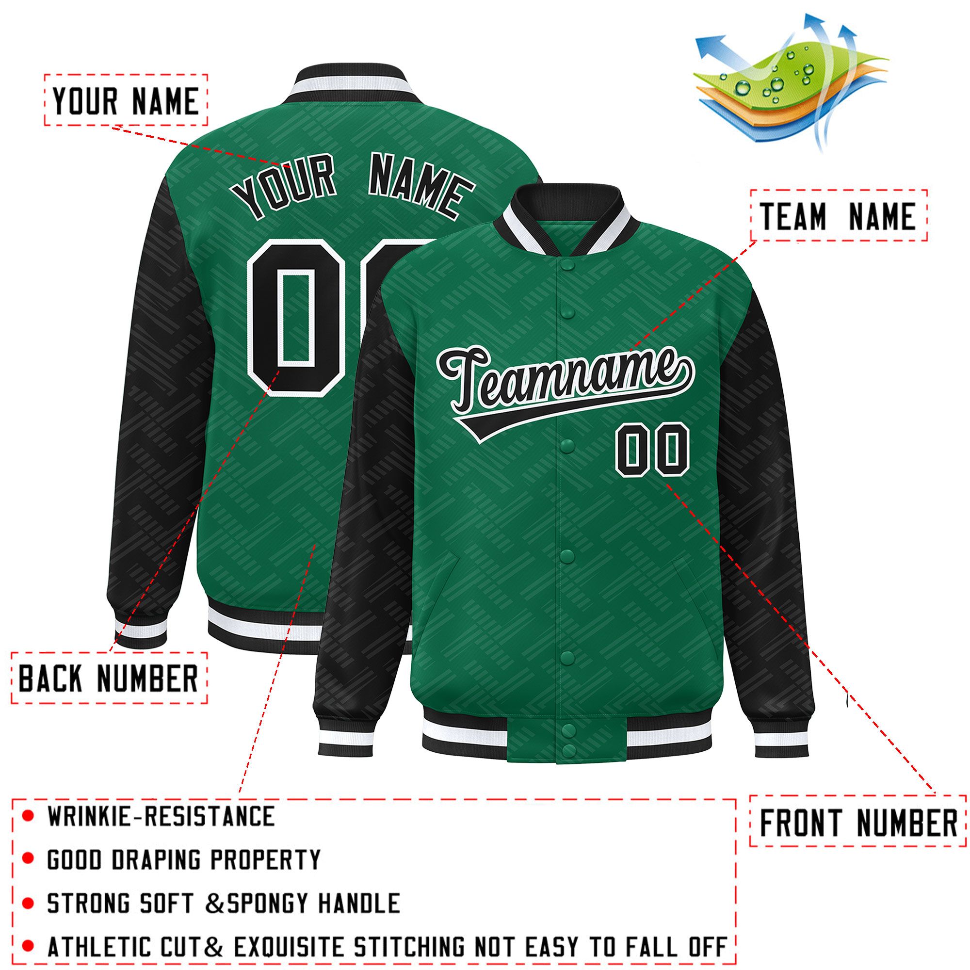 Custom Kelly Green Black L Pattern Varsity Raglan Sleeves Full-Snap Letterman Baseball Jacket