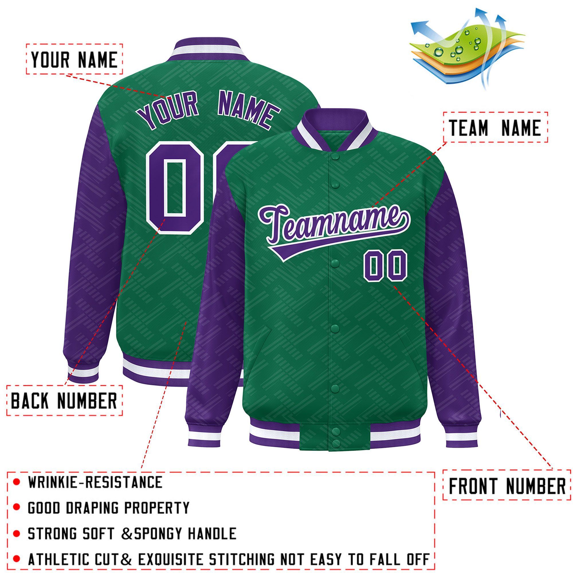 Custom Kelly Green Purple L Pattern Varsity Raglan Sleeves Full-Snap Letterman Baseball Jacket