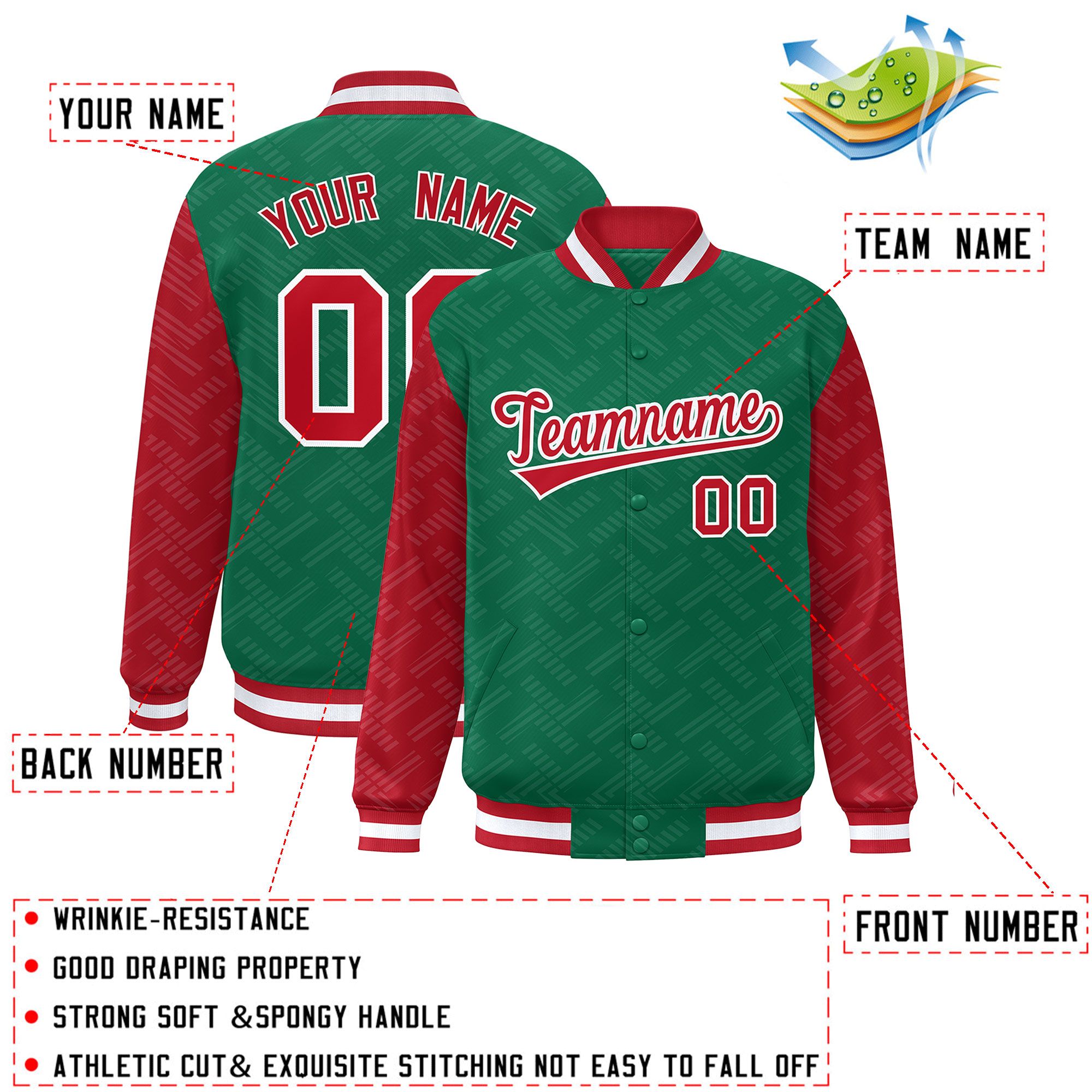 Custom Kelly Green Red L Pattern Varsity Raglan Sleeves Full-Snap Letterman Baseball Jacket