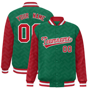 Custom Kelly Green Red L Pattern Varsity Raglan Sleeves Full-Snap Letterman Baseball Jacket