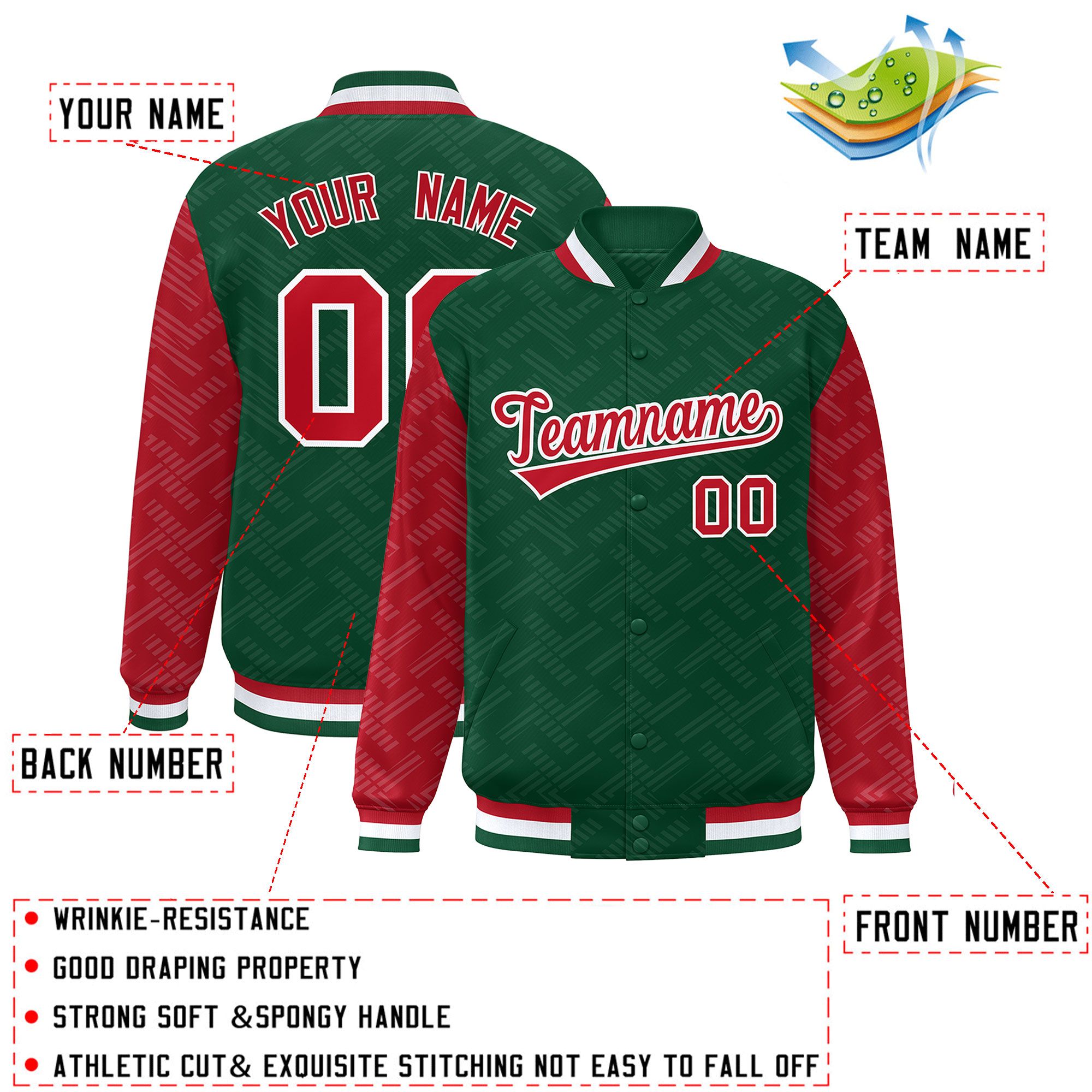 Custom Green Red L Pattern Varsity Raglan Sleeves Full-Snap Letterman Baseball Jacket