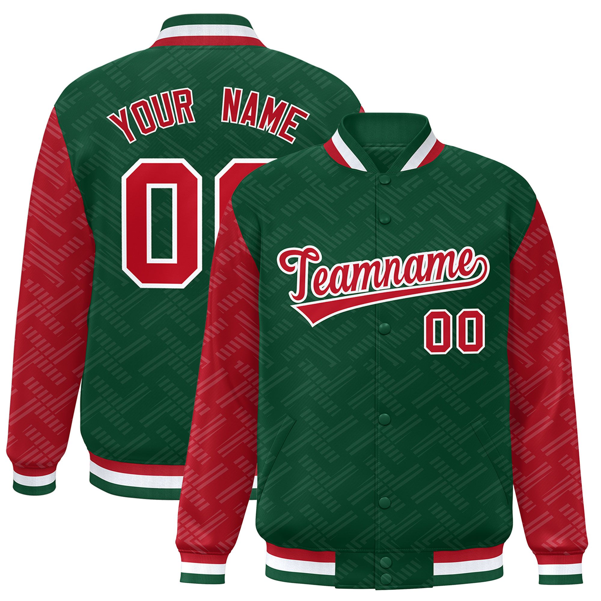 Custom Green Red L Pattern Varsity Raglan Sleeves Full-Snap Letterman Baseball Jacket