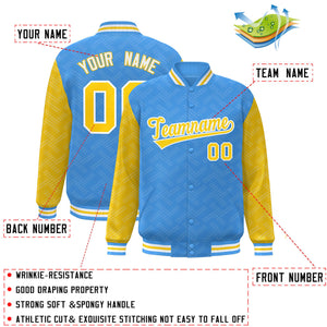 Custom Powder Blue Gold L Pattern Varsity Raglan Sleeves Full-Snap Letterman Baseball Jacket