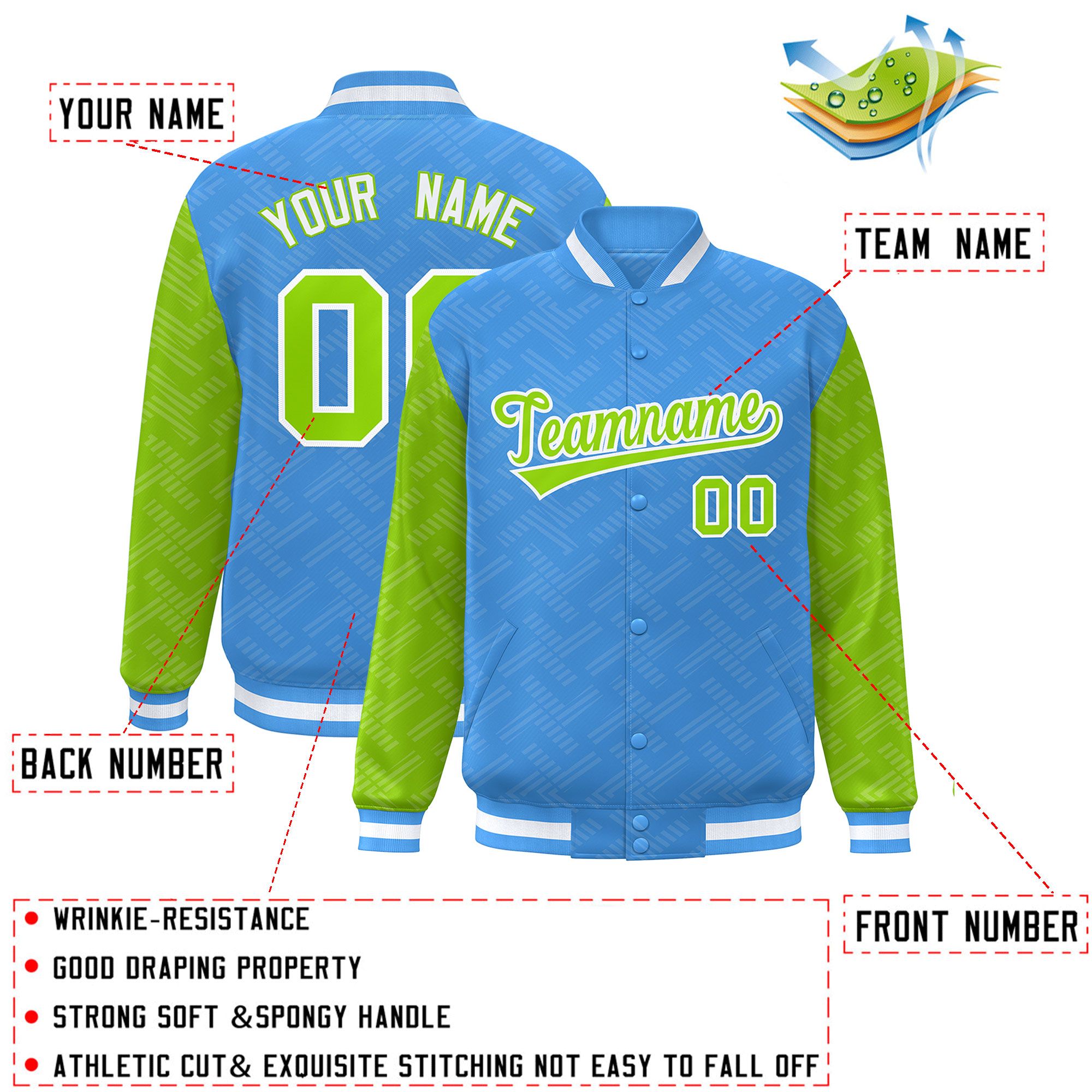 Custom Powder Blue Neon Green L Pattern Varsity Raglan Sleeves Full-Snap Letterman Baseball Jacket