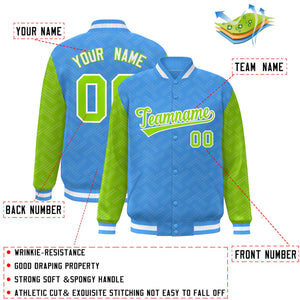 Custom Powder Blue Neon Green L Pattern Varsity Raglan Sleeves Full-Snap Letterman Baseball Jacket