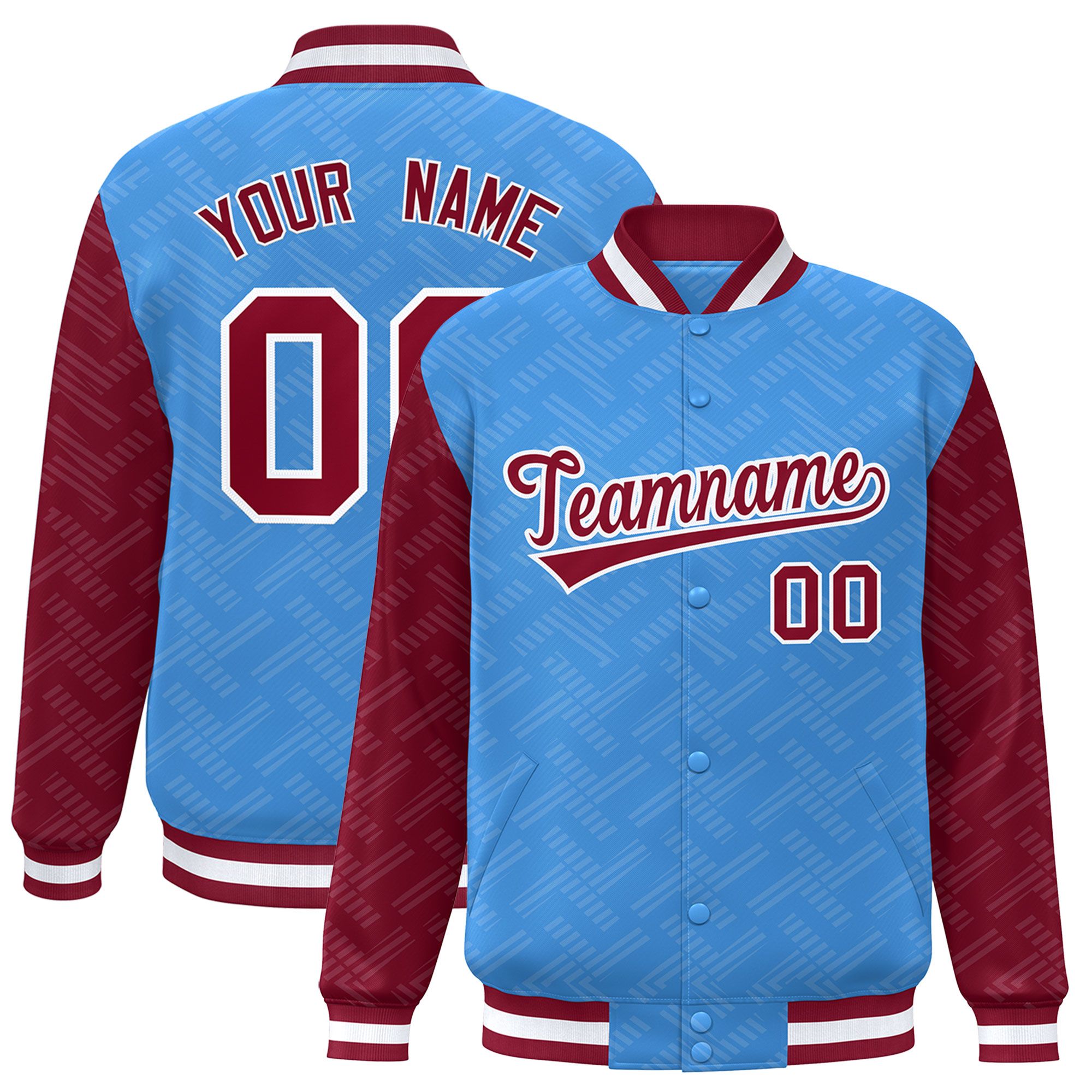 Custom Powder Blue Crimson L Pattern Varsity Raglan Sleeves Full-Snap Letterman Baseball Jacket