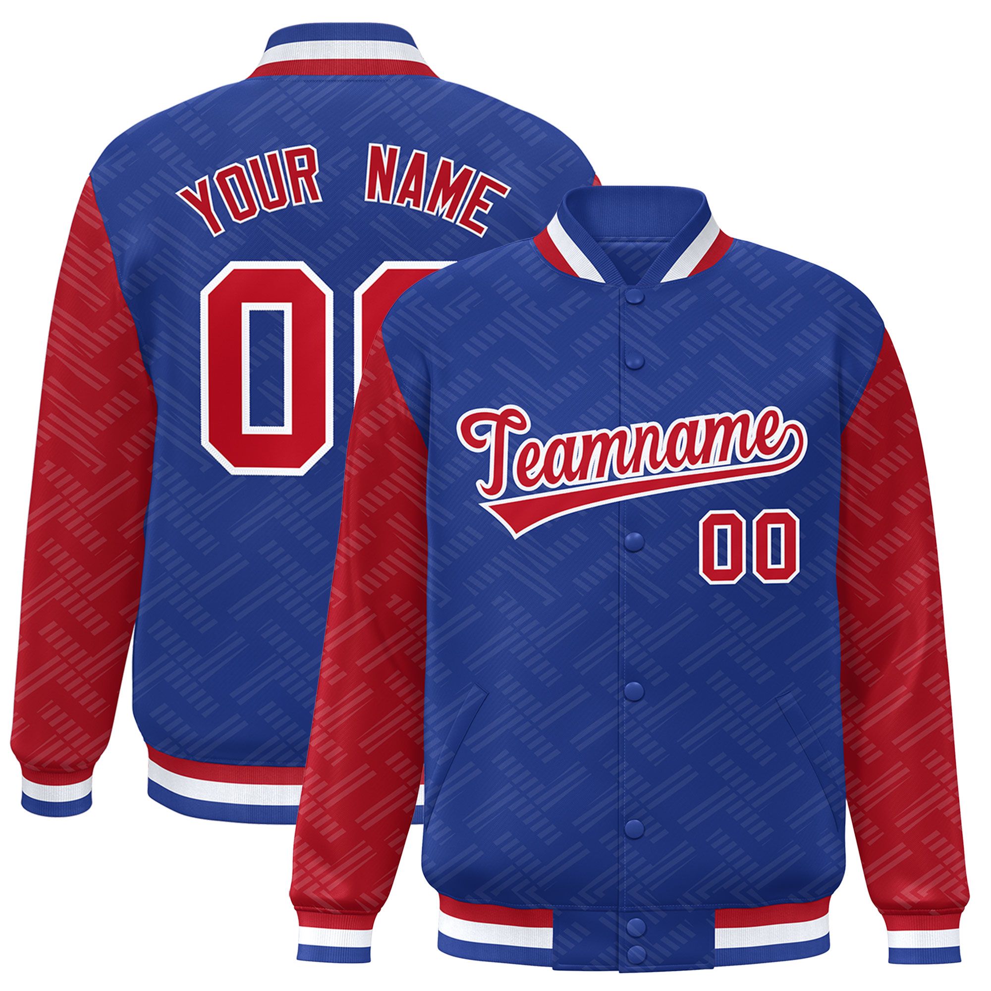 Custom Royal Red L Pattern Varsity Raglan Sleeves Full-Snap Letterman Baseball Jacket