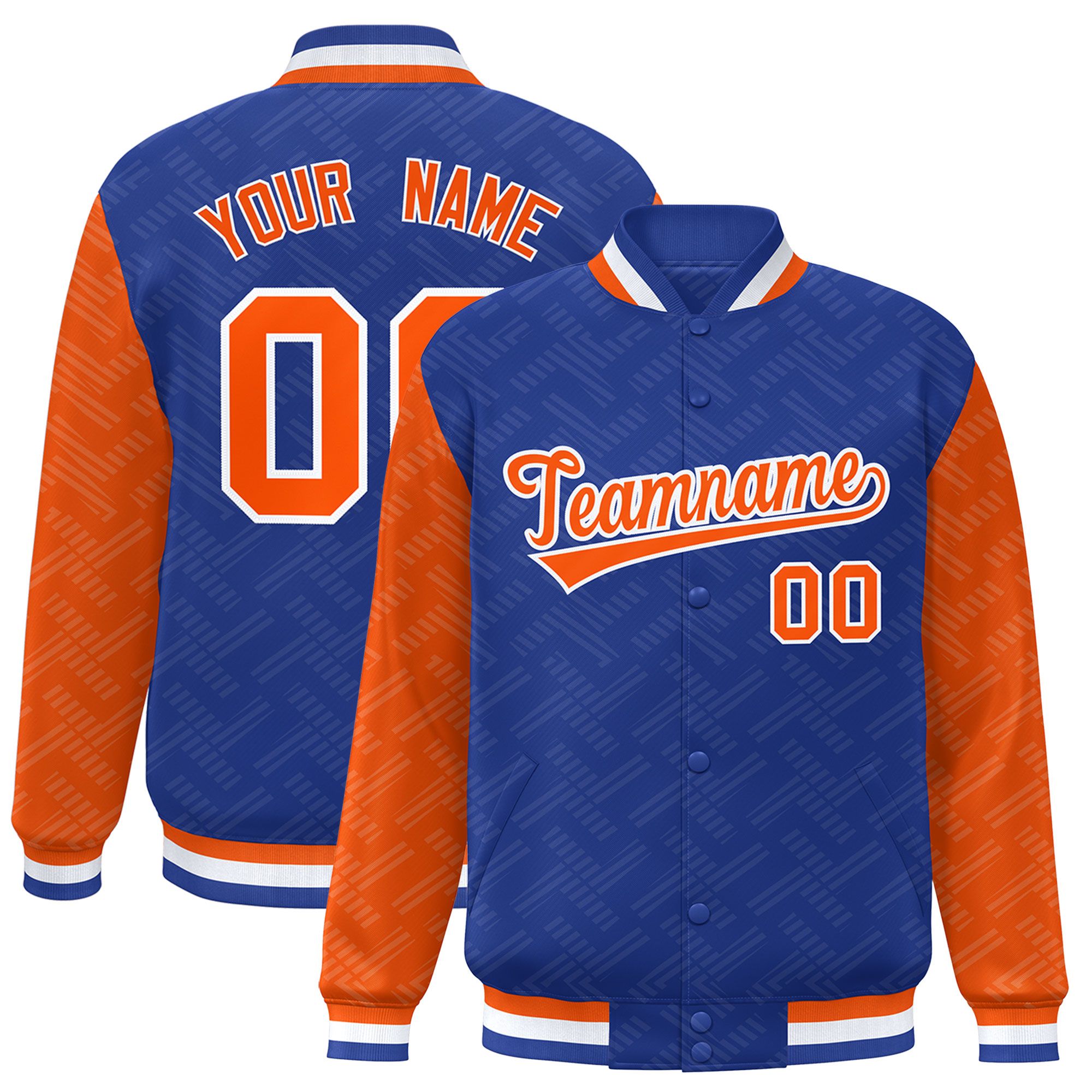 Custom Royal Orange L Pattern Varsity Raglan Sleeves Full-Snap Letterman Baseball Jacket