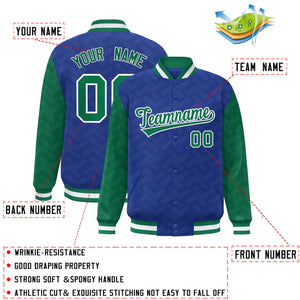 Custom Royal Kelly Green L Pattern Varsity Raglan Sleeves Full-Snap Letterman Baseball Jacket