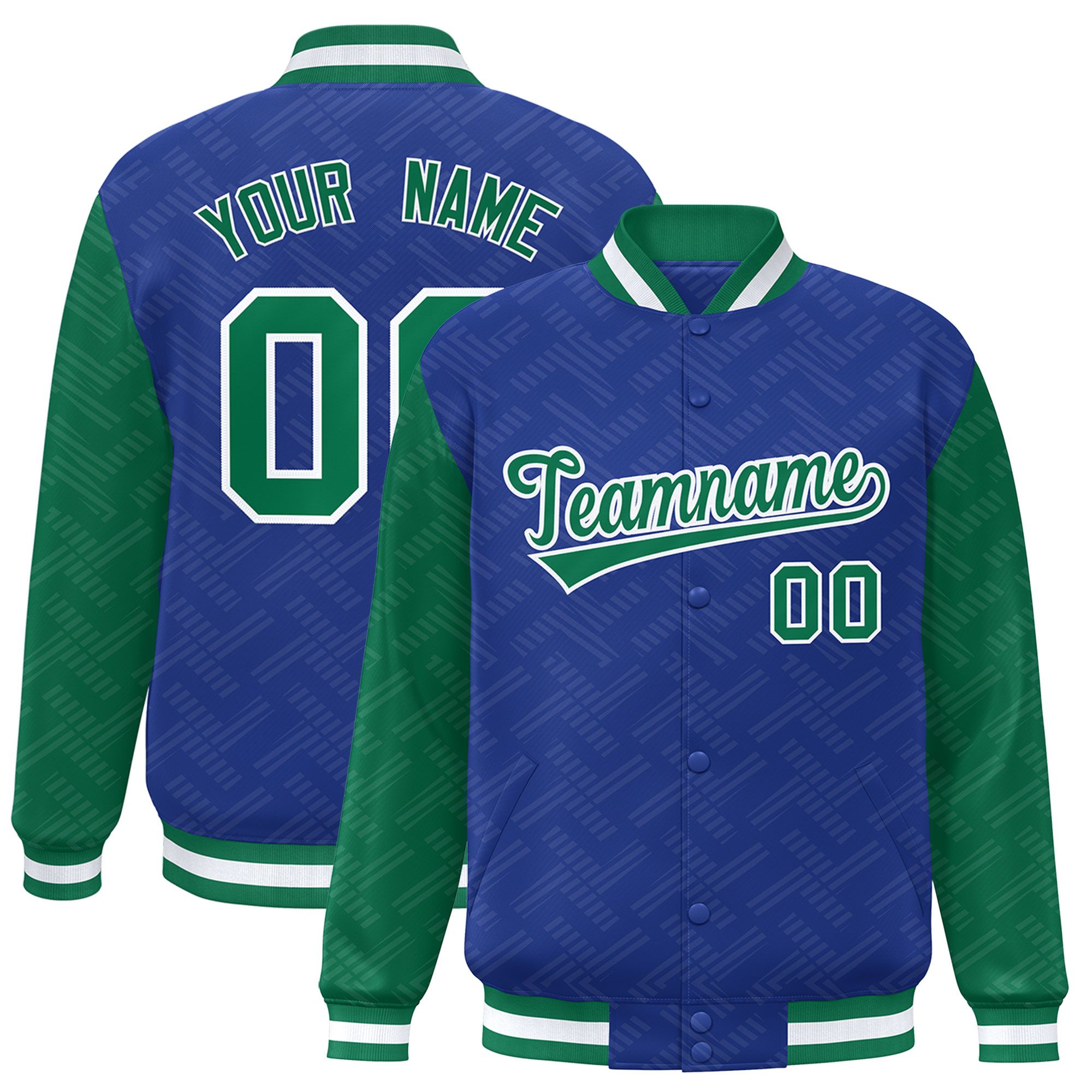 Custom Royal Kelly Green L Pattern Varsity Raglan Sleeves Full-Snap Letterman Baseball Jacket