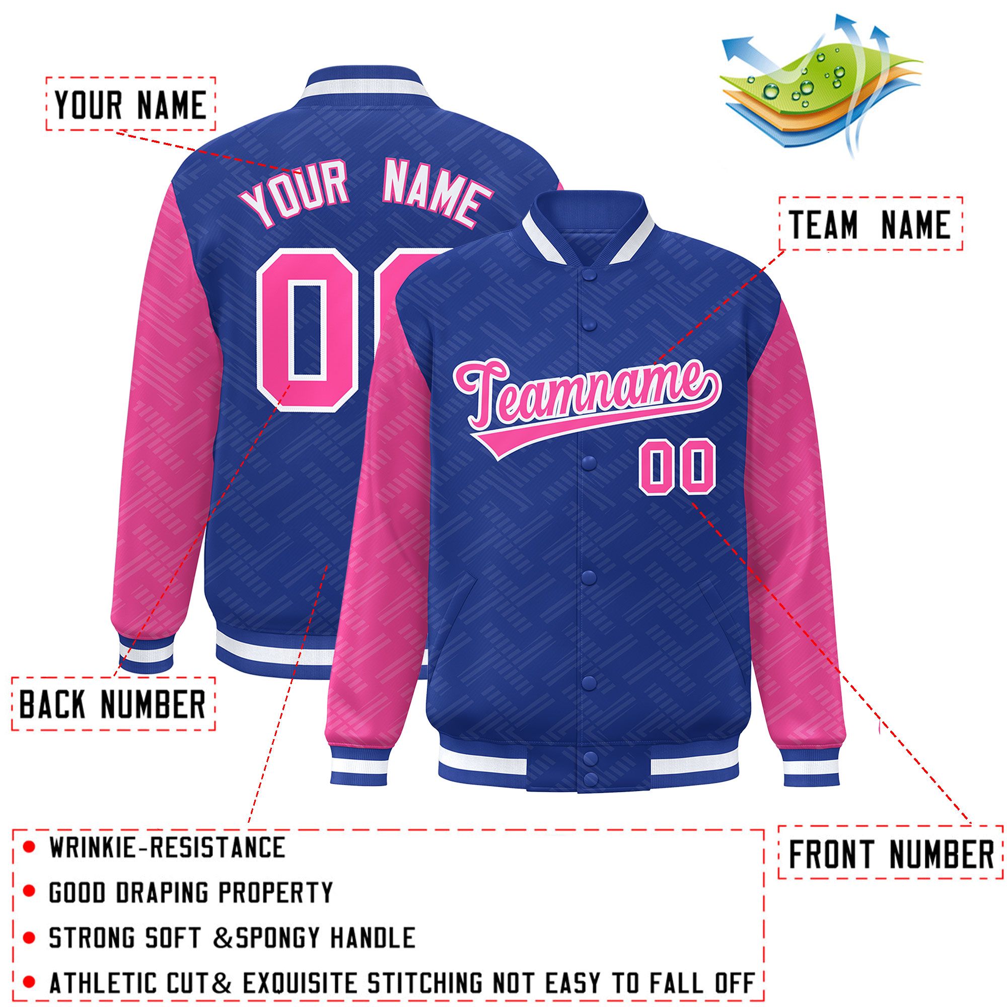 Custom Royal Pink L Pattern Varsity Raglan Sleeves Full-Snap Letterman Baseball Jacket