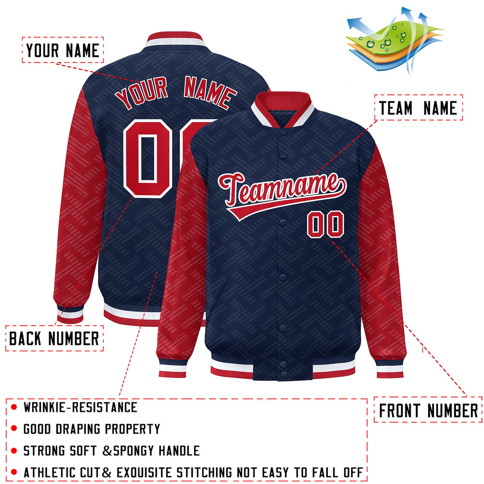 Custom Navy Red L Pattern Varsity Raglan Sleeves Full-Snap Letterman Baseball Jacket