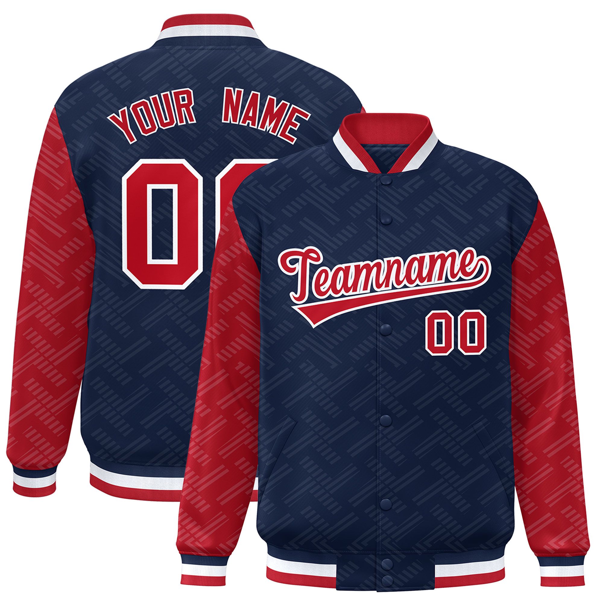 Custom Navy Red L Pattern Varsity Raglan Sleeves Full-Snap Letterman Baseball Jacket