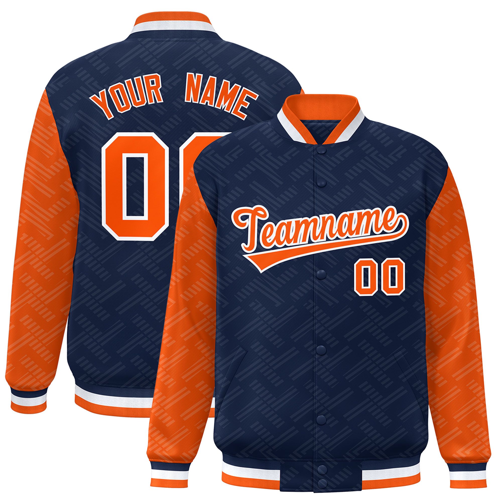 Custom Navy Orange L Pattern Varsity Raglan Sleeves Full-Snap Letterman Baseball Jacket