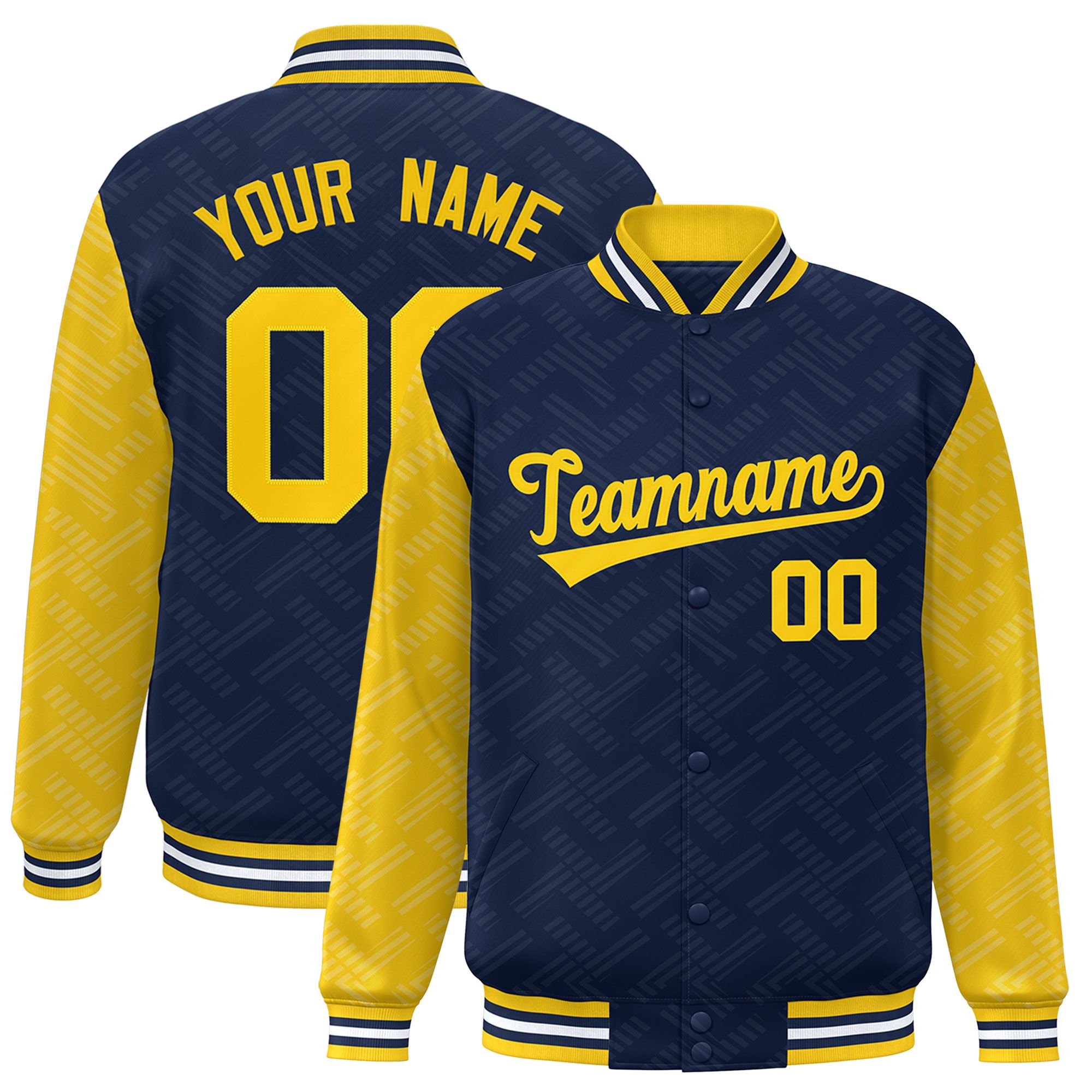 Custom Navy Gold L Pattern Varsity Raglan Sleeves Full-Snap Letterman Baseball Jacket