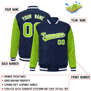 Custom Navy Neon Green L Pattern Varsity Raglan Sleeves Full-Snap Letterman Baseball Jacket