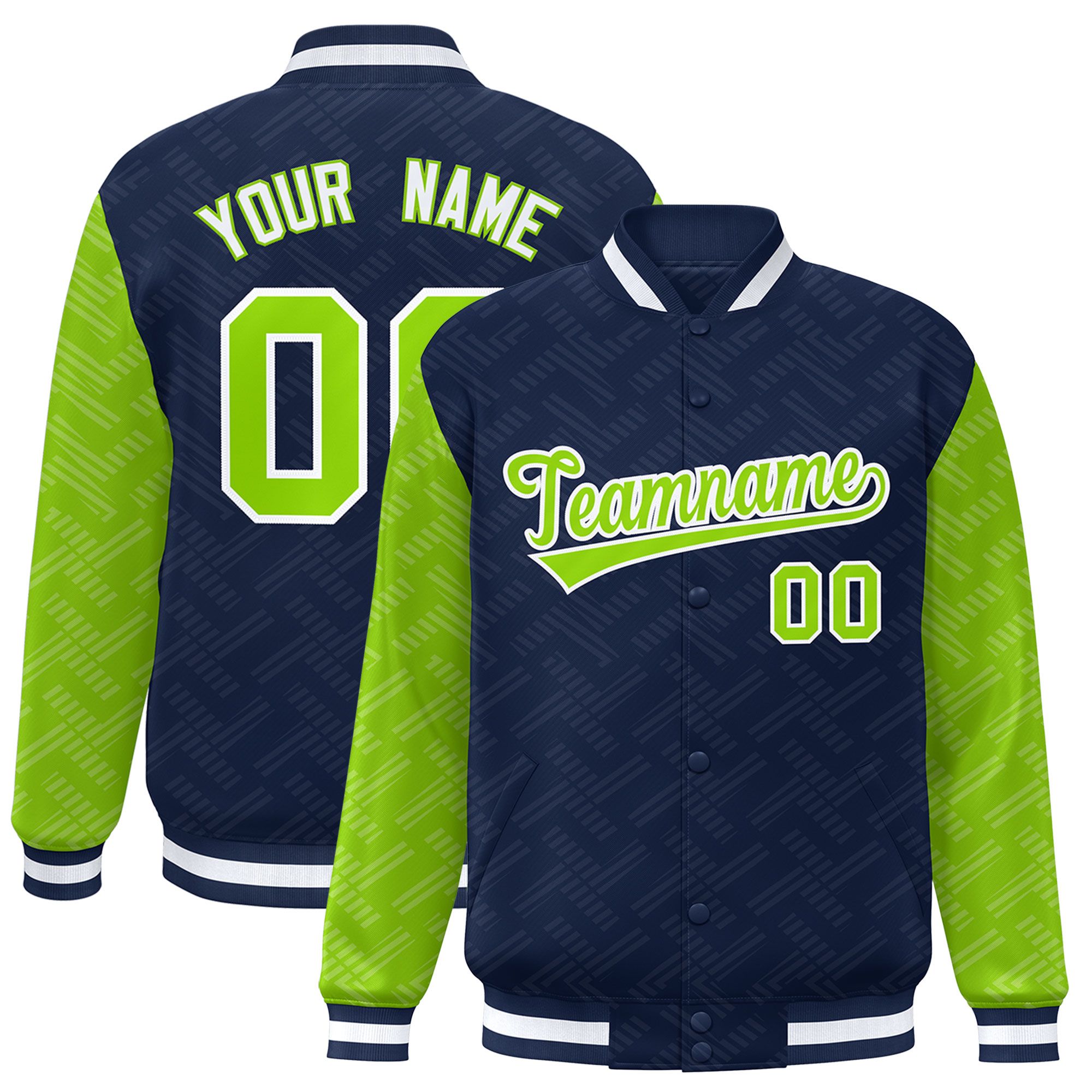 Custom Navy Neon Green L Pattern Varsity Raglan Sleeves Full-Snap Letterman Baseball Jacket