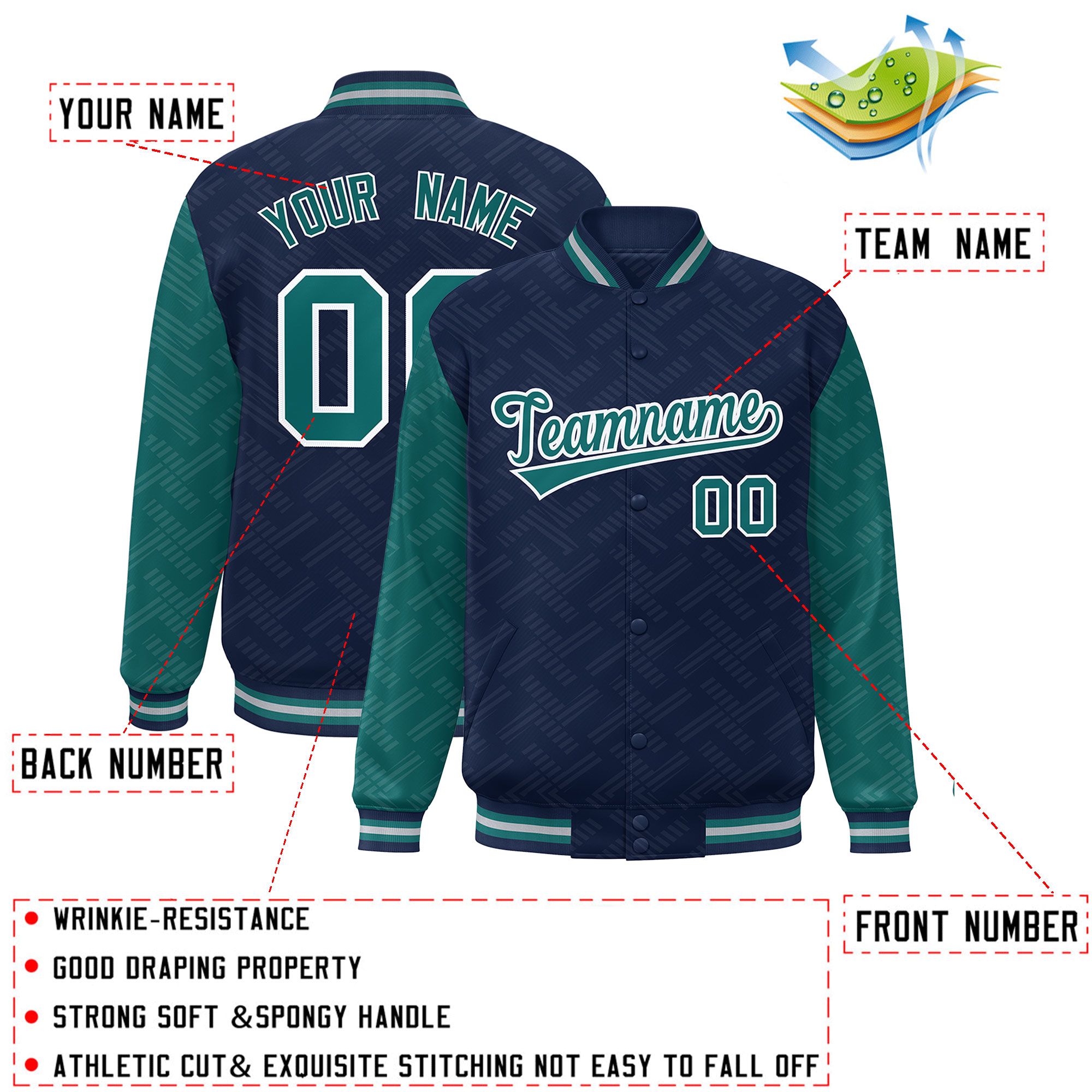 Custom Navy Aqua L Pattern Varsity Raglan Sleeves Full-Snap Letterman Baseball Jacket