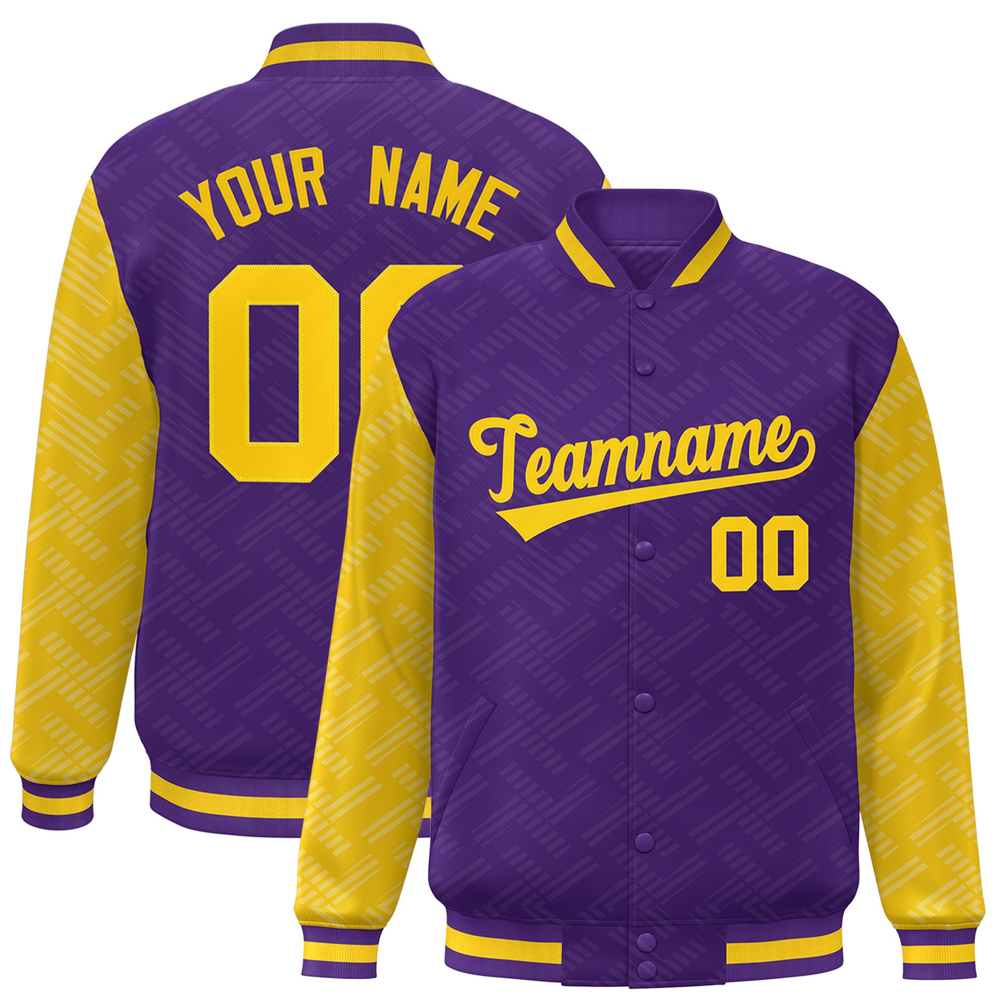 Custom Purple Gold L Pattern Varsity Raglan Sleeves Full-Snap Letterman Baseball Jacket