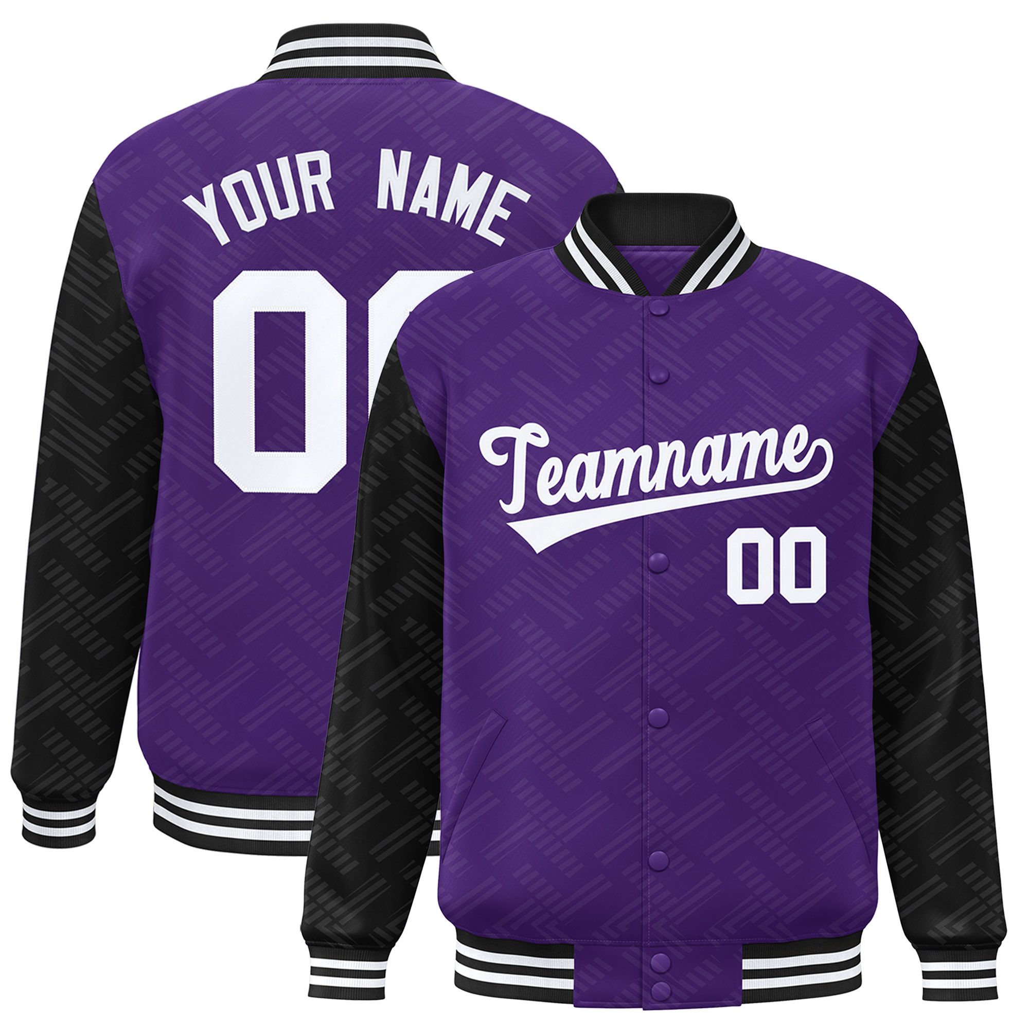 Custom Purple Black L Pattern Varsity Raglan Sleeves Full-Snap Letterman Baseball Jacket