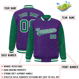 Custom Purple Kelly Green L Pattern Varsity Raglan Sleeves Full-Snap Letterman Baseball Jacket