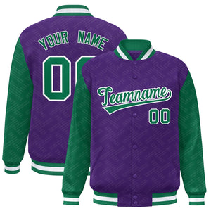 Custom Purple Kelly Green L Pattern Varsity Raglan Sleeves Full-Snap Letterman Baseball Jacket