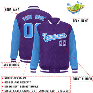 Custom Purple Powder Blue L Pattern Varsity Raglan Sleeves Full-Snap Letterman Baseball Jacket