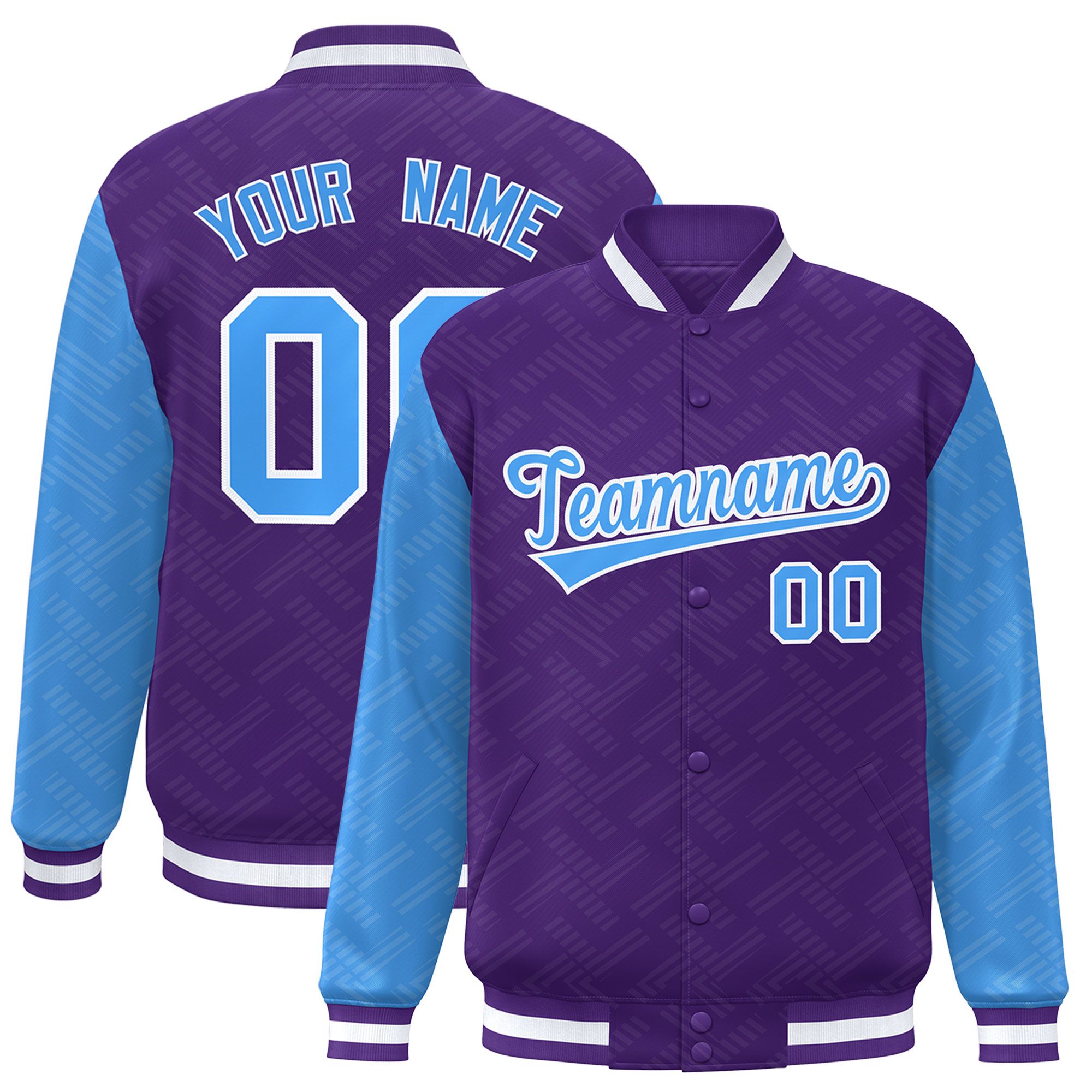 Custom Purple Powder Blue L Pattern Varsity Raglan Sleeves Full-Snap Letterman Baseball Jacket