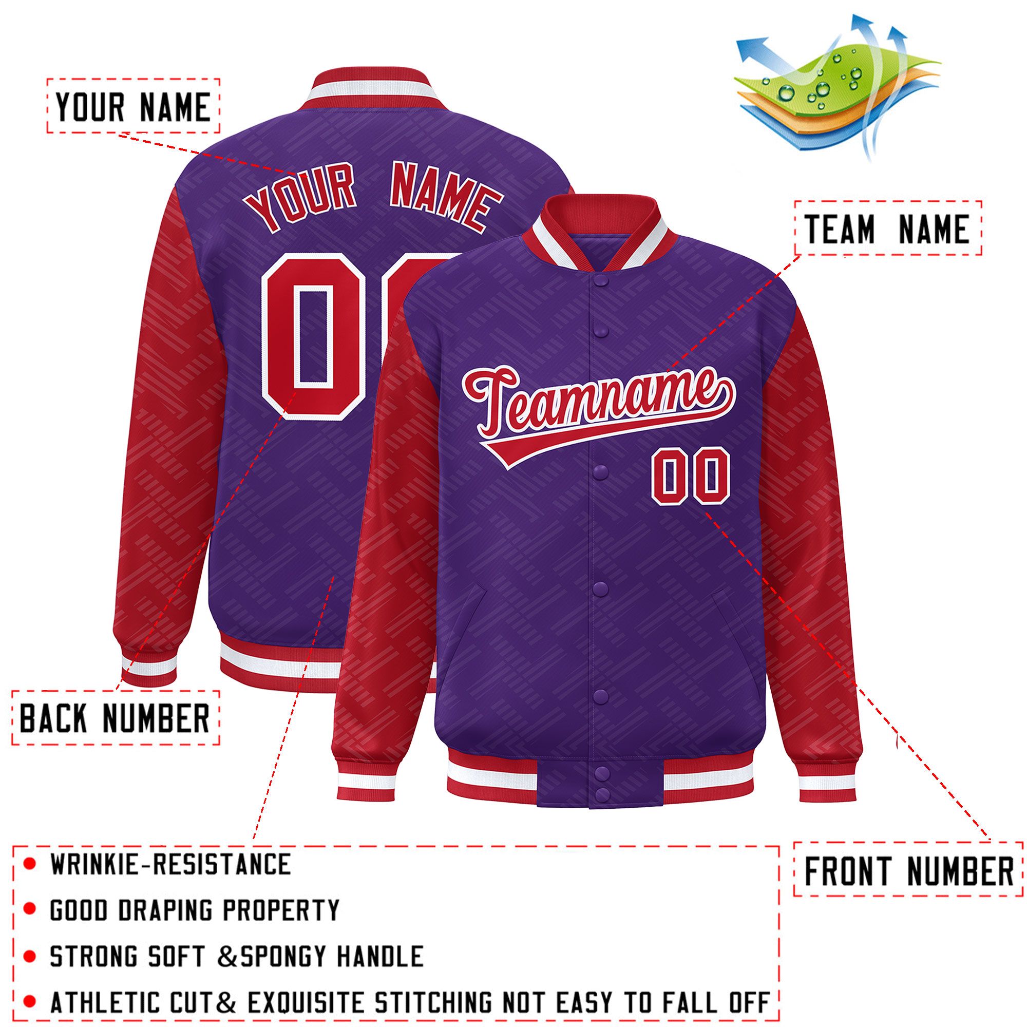 Custom Purple Red L Pattern Varsity Raglan Sleeves Full-Snap Letterman Baseball Jacket