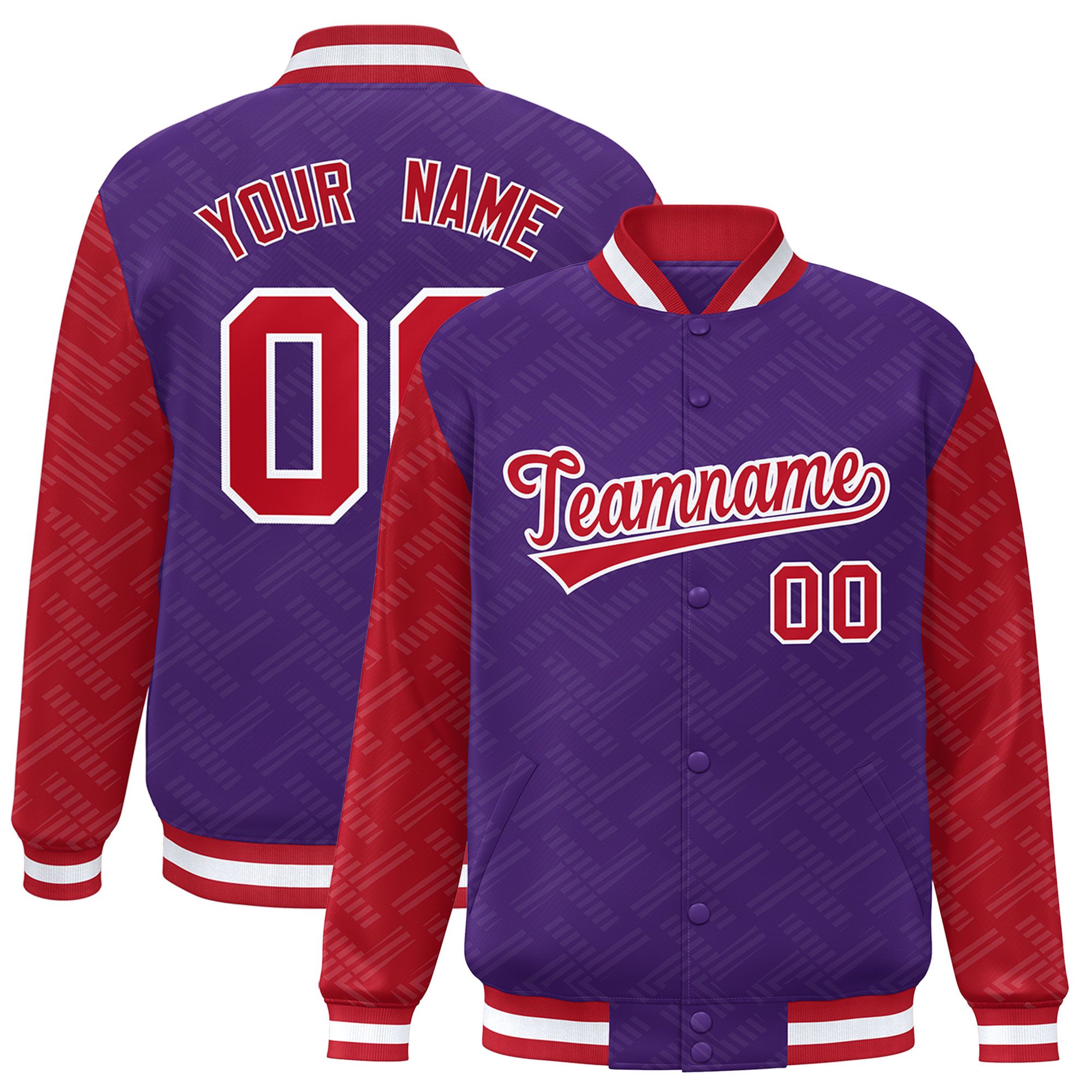 Custom Purple Red L Pattern Varsity Raglan Sleeves Full-Snap Letterman Baseball Jacket