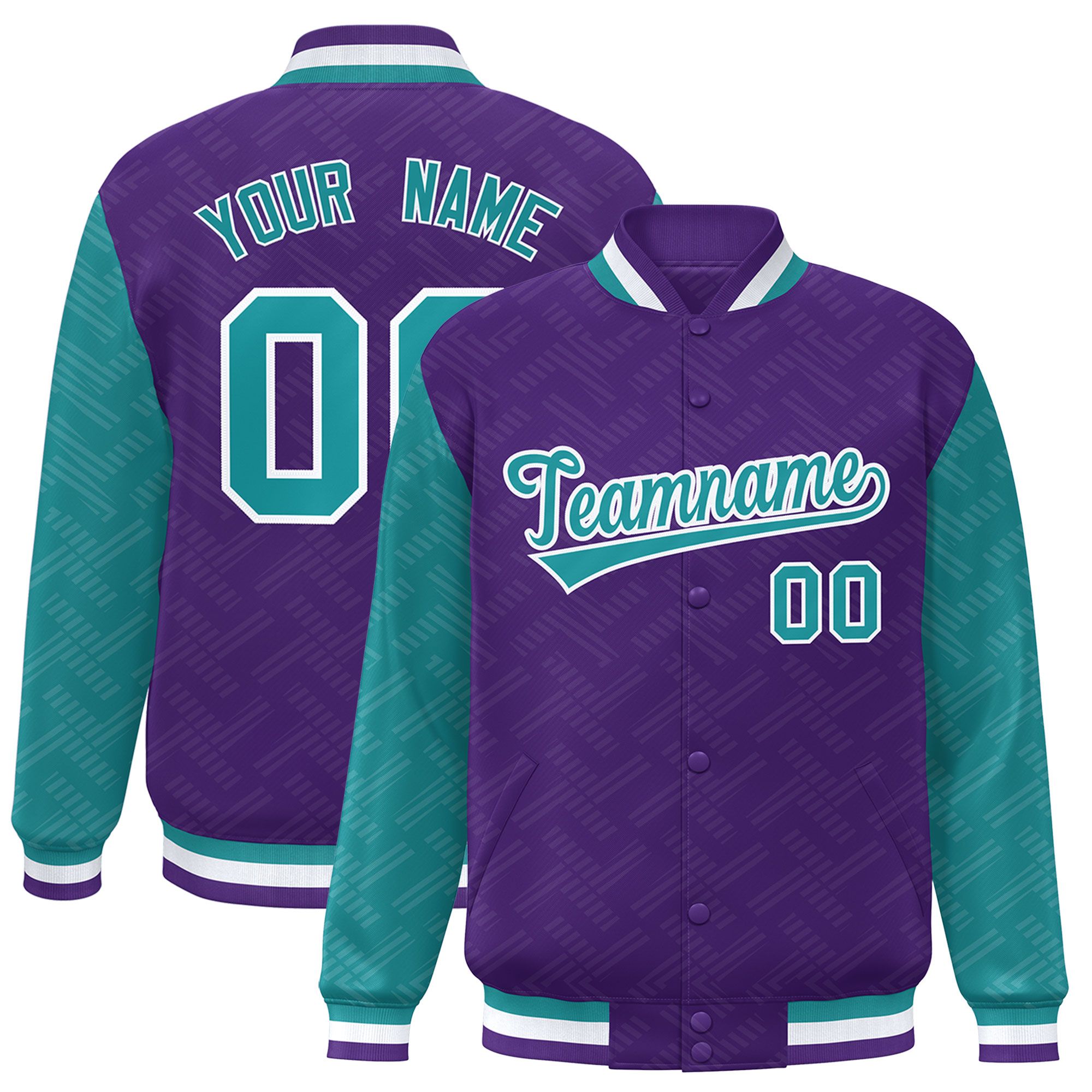 Custom Purple Aqua L Pattern Varsity Raglan Sleeves Full-Snap Letterman Baseball Jacket