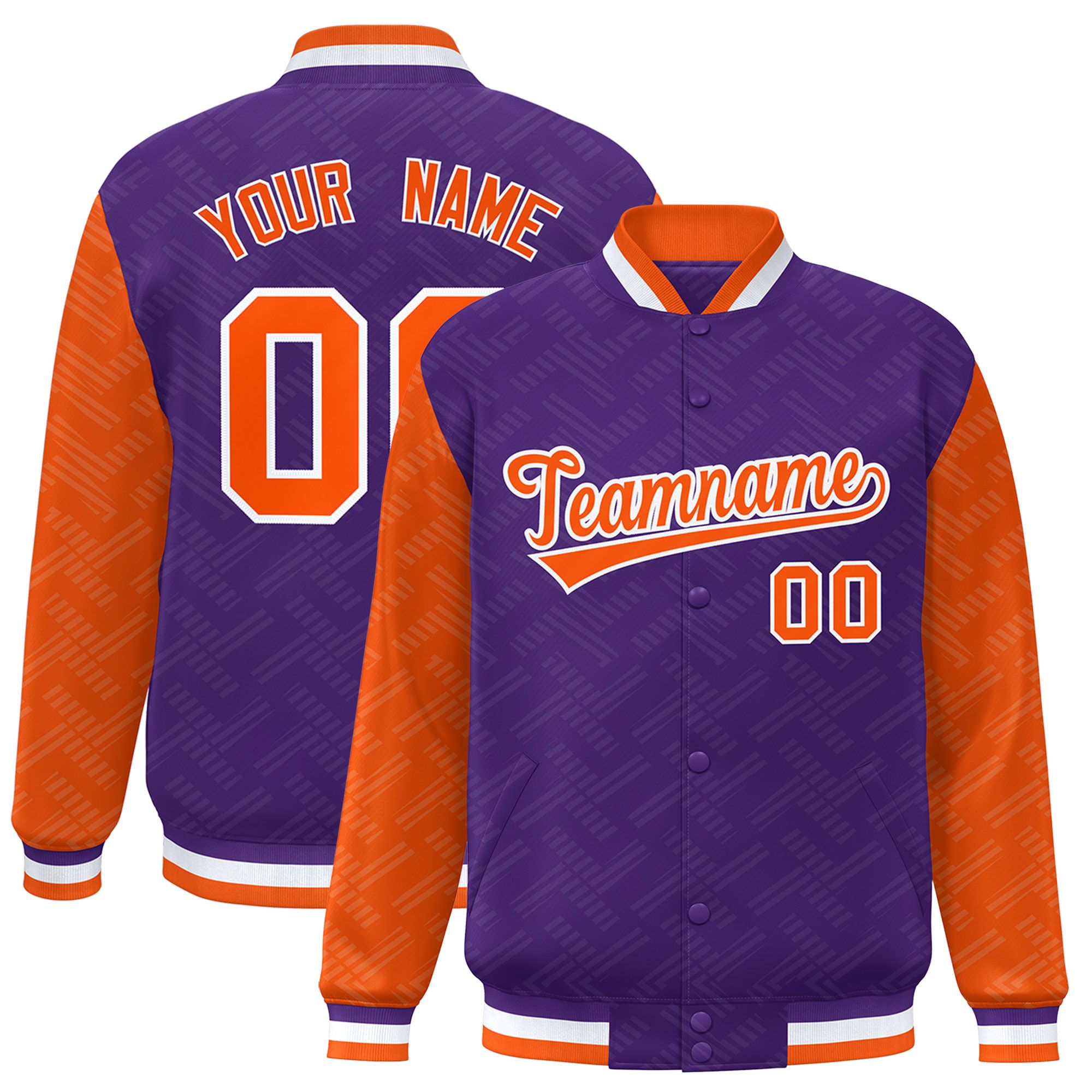 Custom Purple Orange L Pattern Varsity Raglan Sleeves Full-Snap Letterman Baseball Jacket