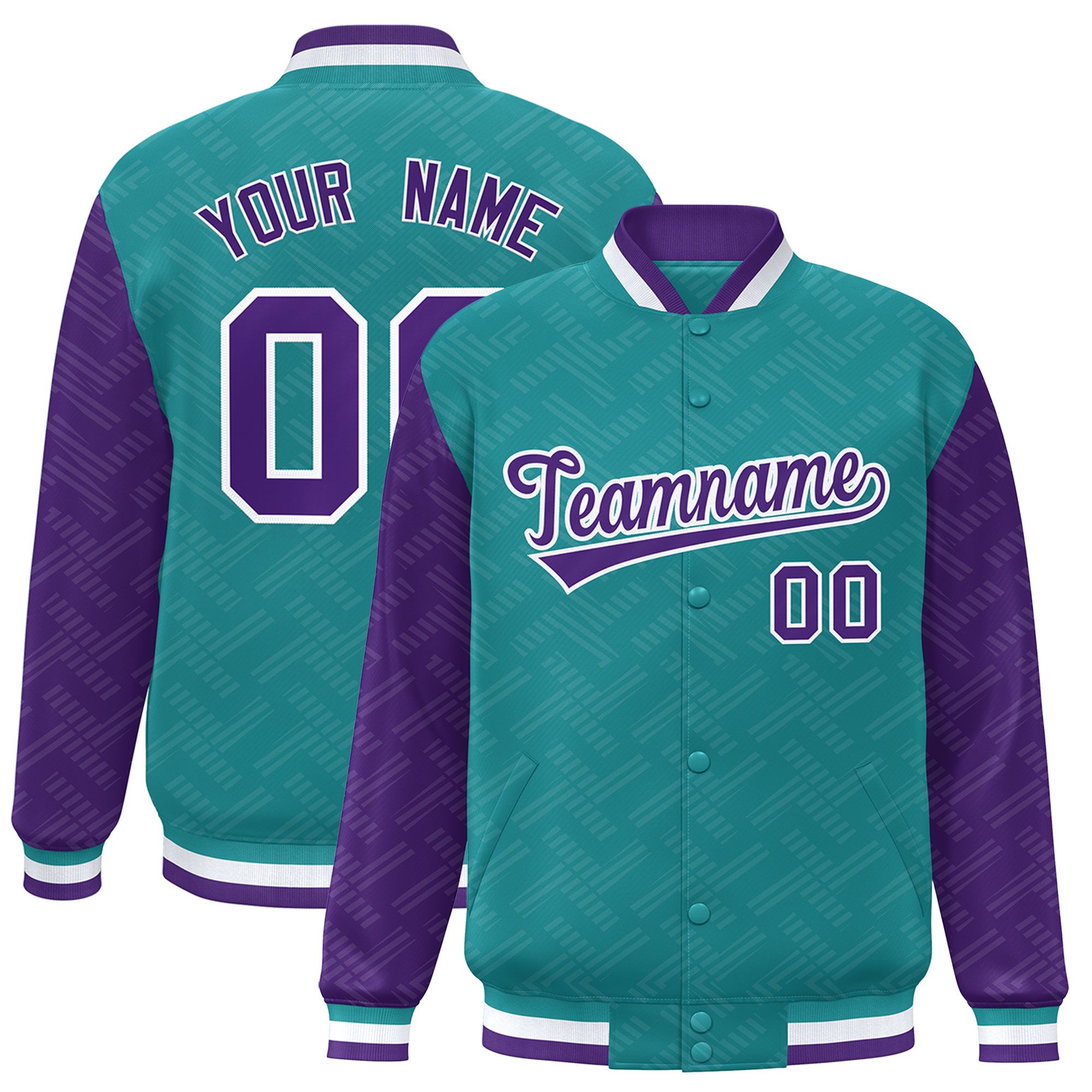 Custom Aqua Purple L Pattern Varsity Raglan Sleeves Full-Snap Letterman Baseball Jacket