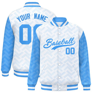 Custom White Powder Blue L Pattern Varsity Raglan Sleeves Full-Snap Letterman Baseball Jacket