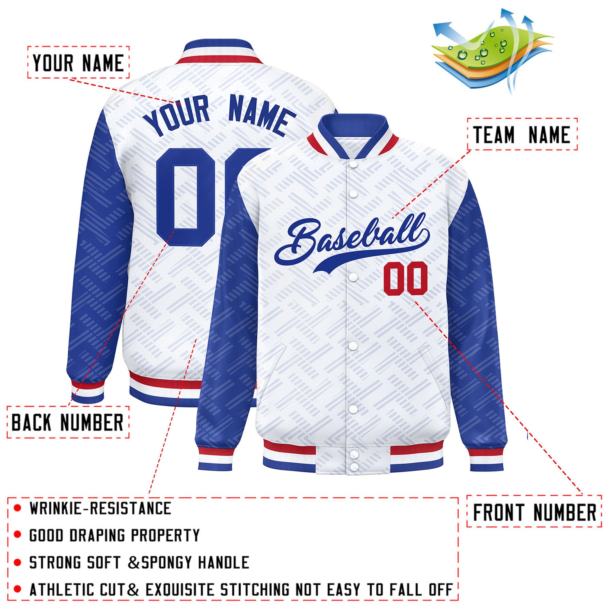 Custom White Royal L Pattern Varsity Raglan Sleeves Full-Snap Letterman Baseball Jacket