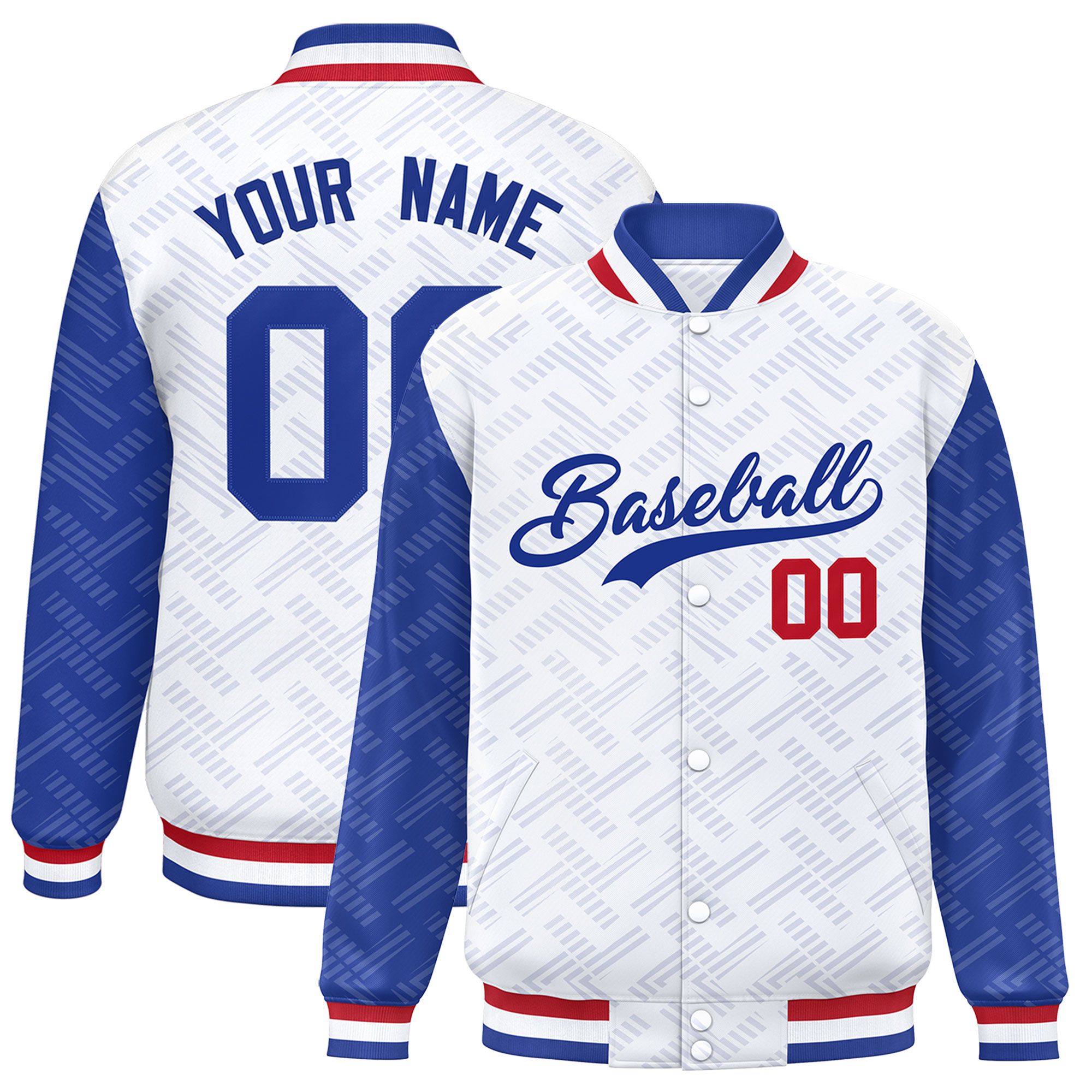 Custom White Royal L Pattern Varsity Raglan Sleeves Full-Snap Letterman Baseball Jacket