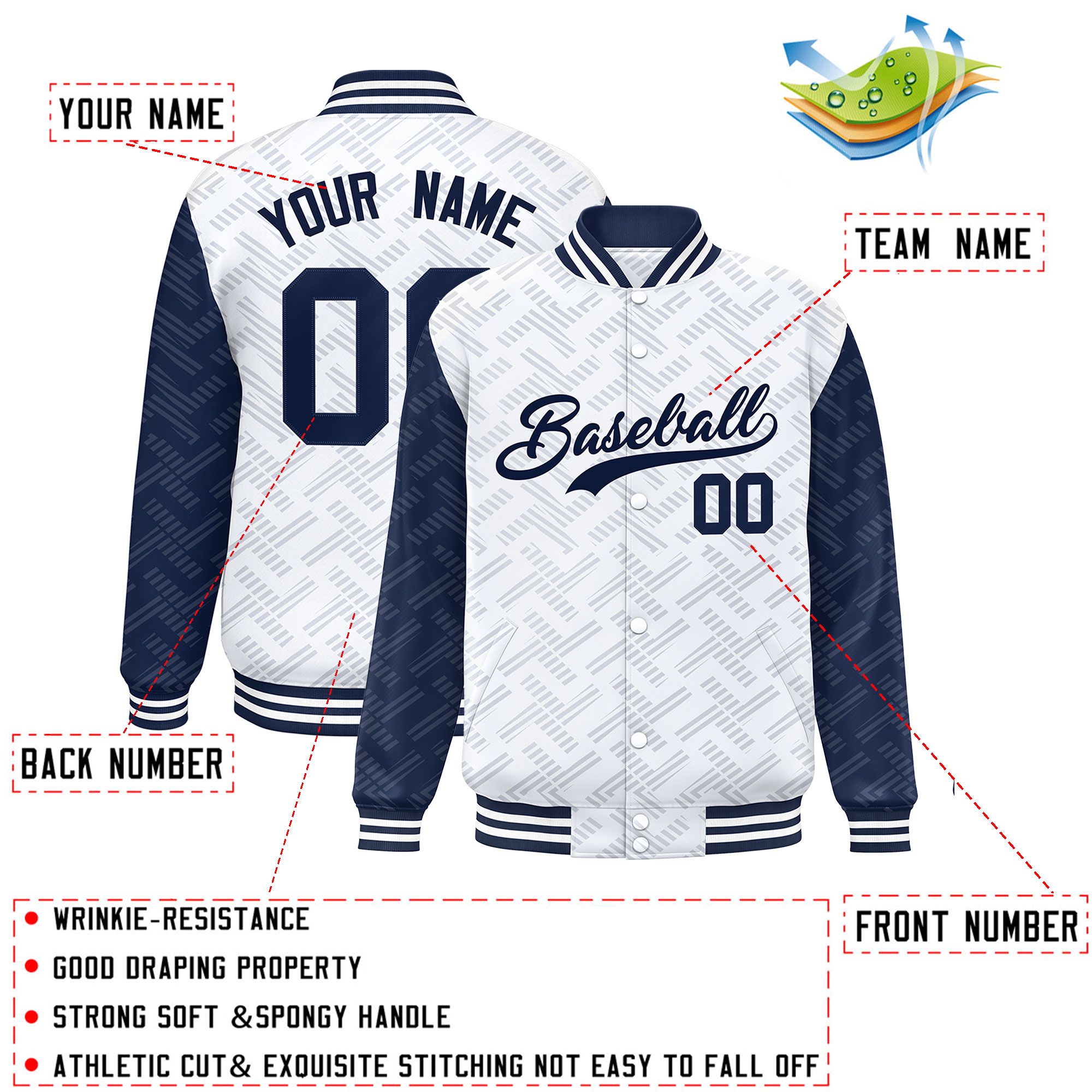 Custom White Navy L Pattern Varsity Raglan Sleeves Full-Snap Letterman Baseball Jacket