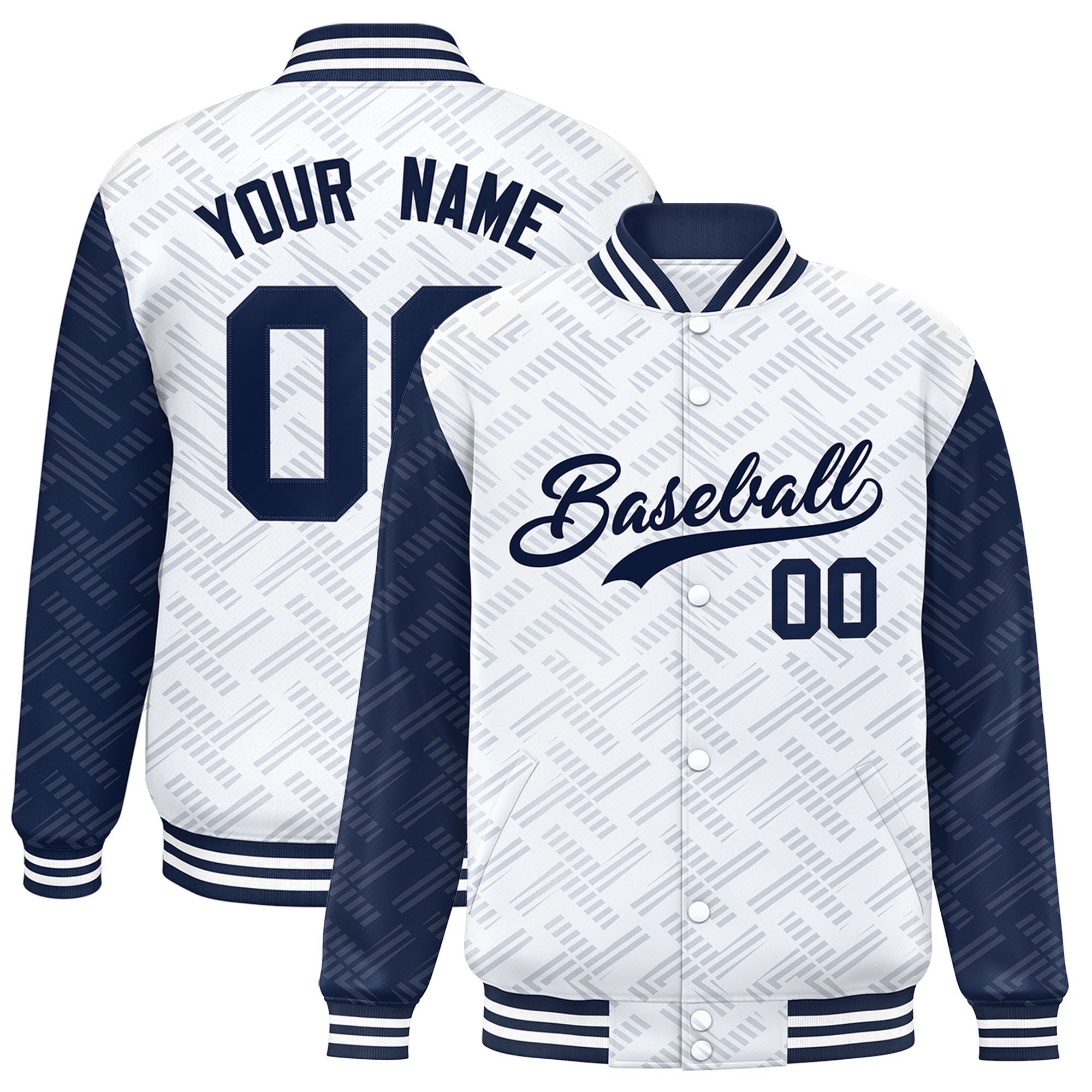 Custom White Navy L Pattern Varsity Raglan Sleeves Full-Snap Letterman Baseball Jacket