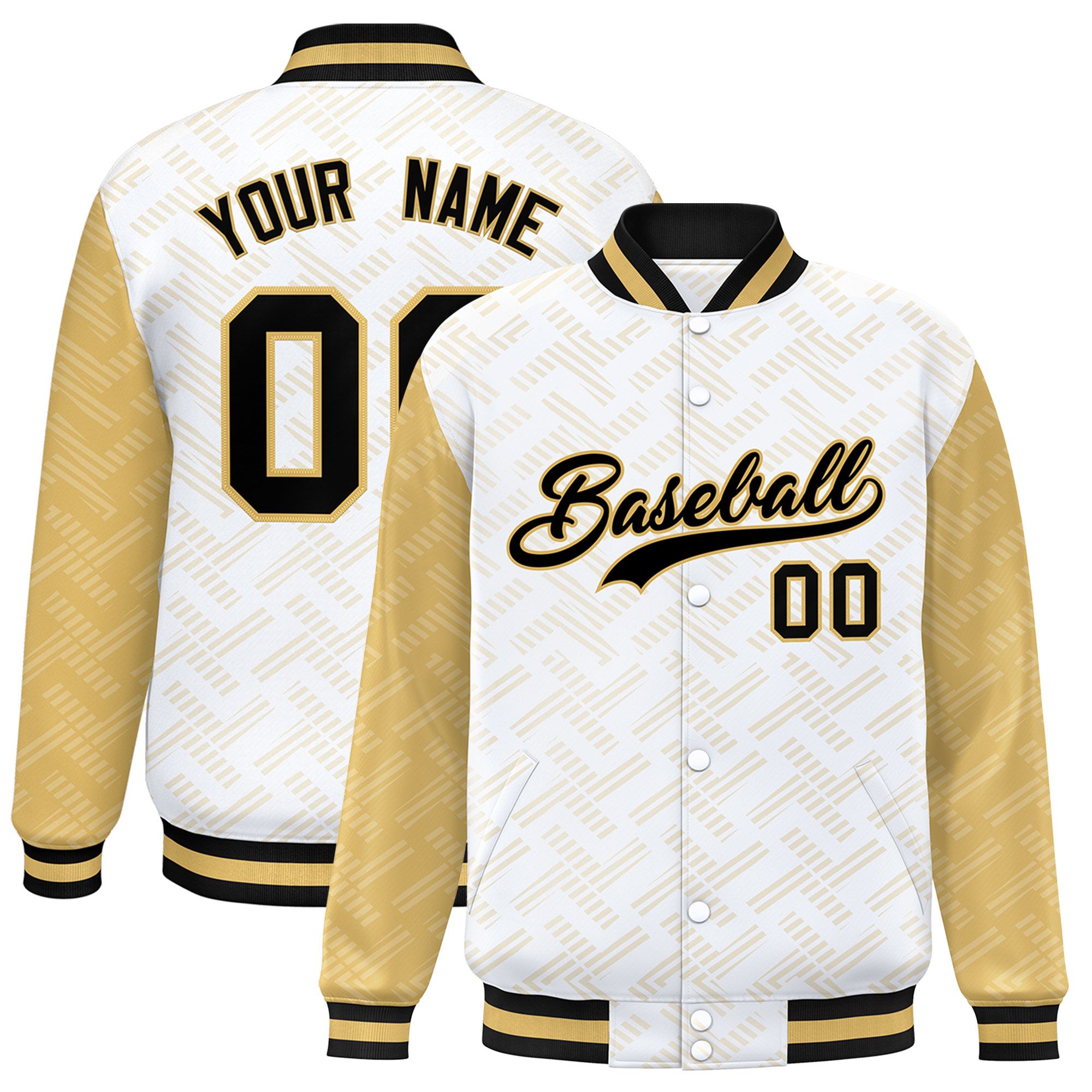 Custom White Old Gold L Pattern Varsity Raglan Sleeves Full-Snap Letterman Baseball Jacket