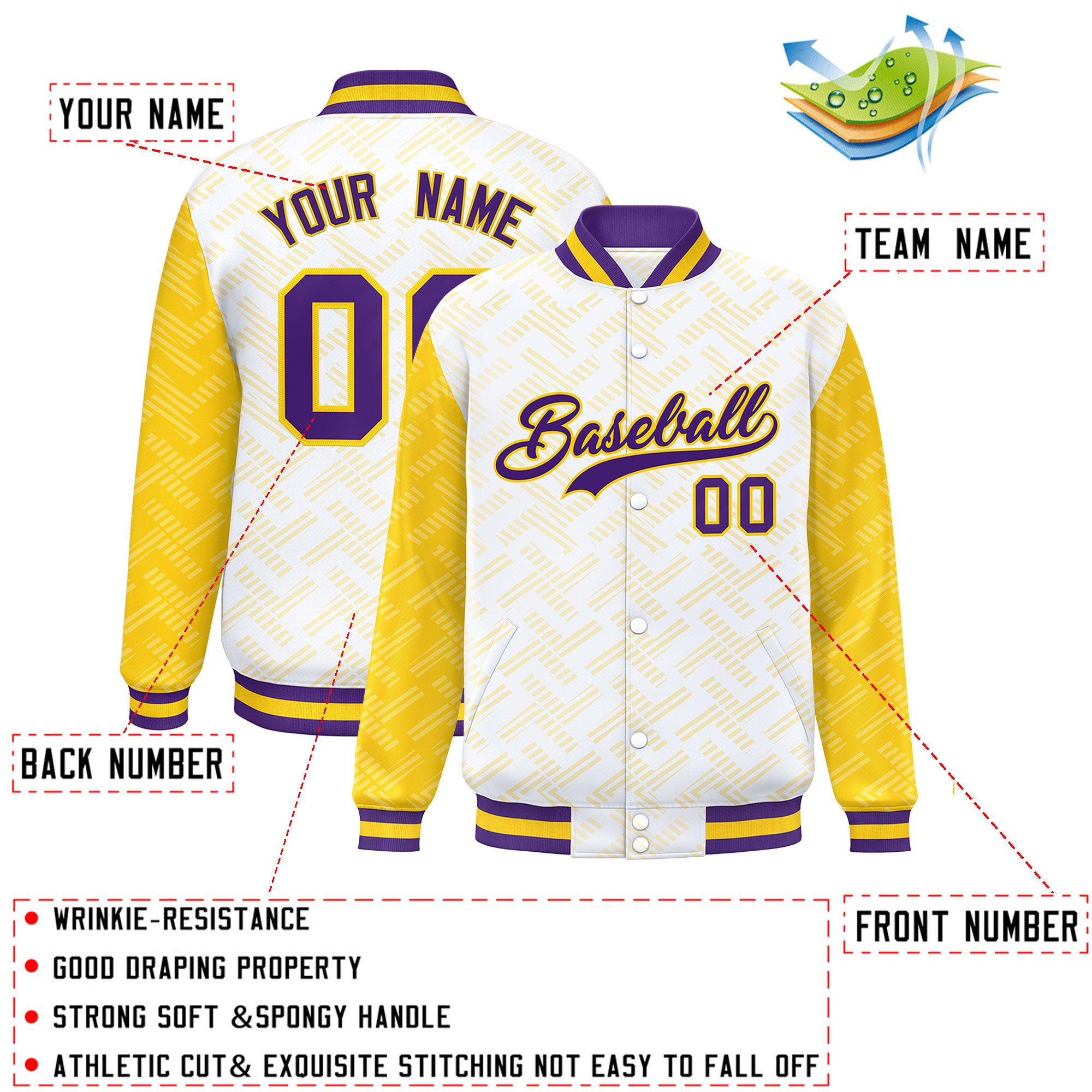 Custom White Gold L Pattern Varsity Raglan Sleeves Full-Snap Letterman Baseball Jacket