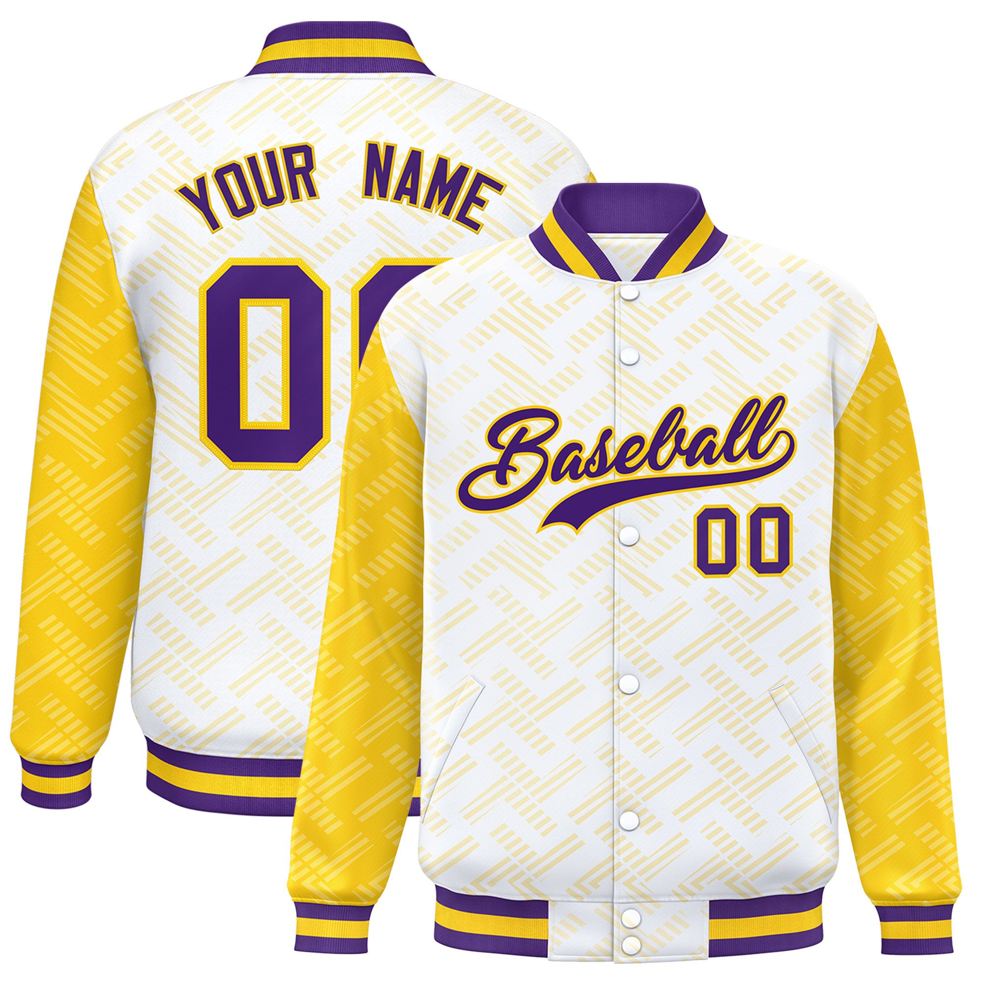 Custom White Gold L Pattern Varsity Raglan Sleeves Full-Snap Letterman Baseball Jacket