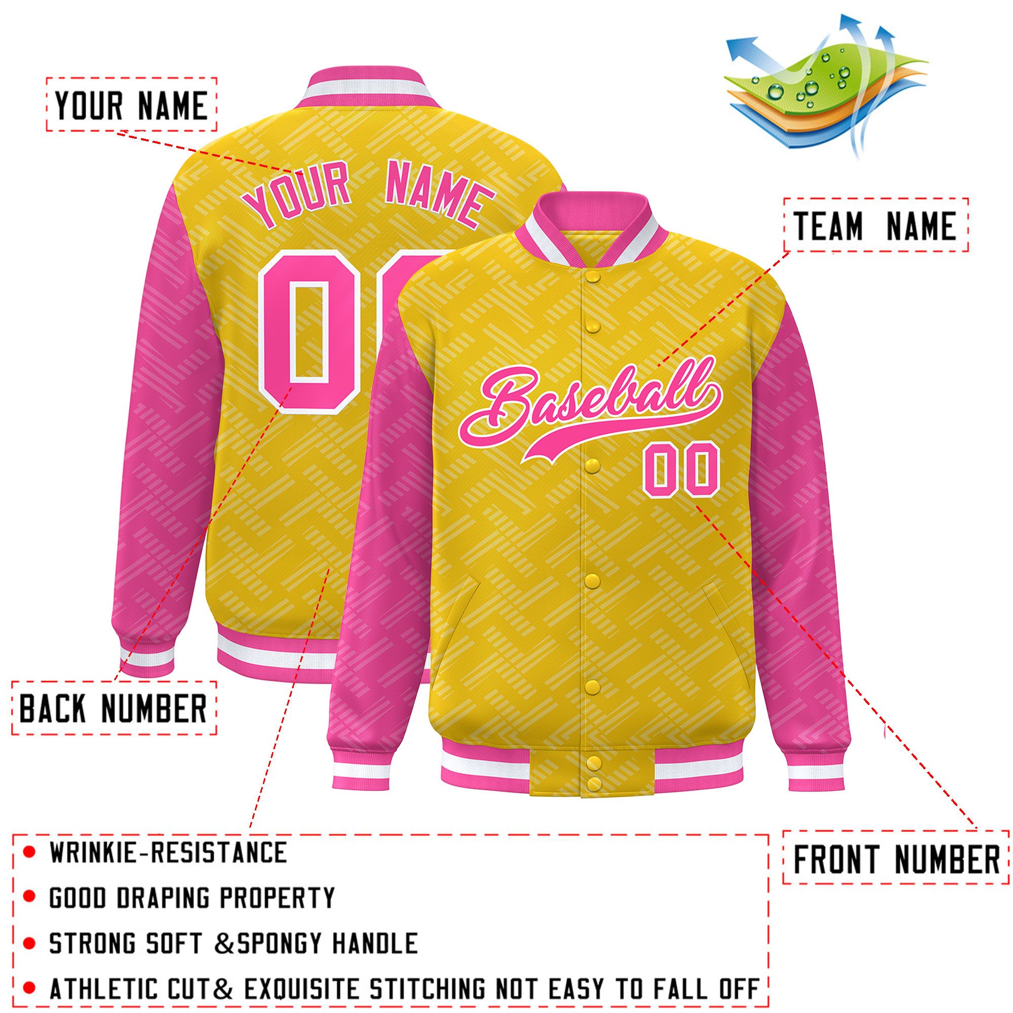 Custom Gold Pink L Pattern Varsity Raglan Sleeves Full-Snap Letterman Baseball Jacket