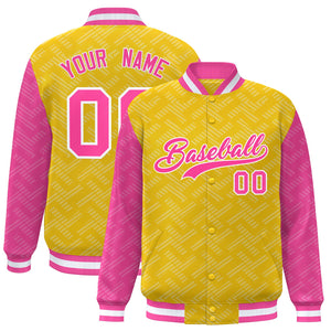 Custom Gold Pink L Pattern Varsity Raglan Sleeves Full-Snap Letterman Baseball Jacket