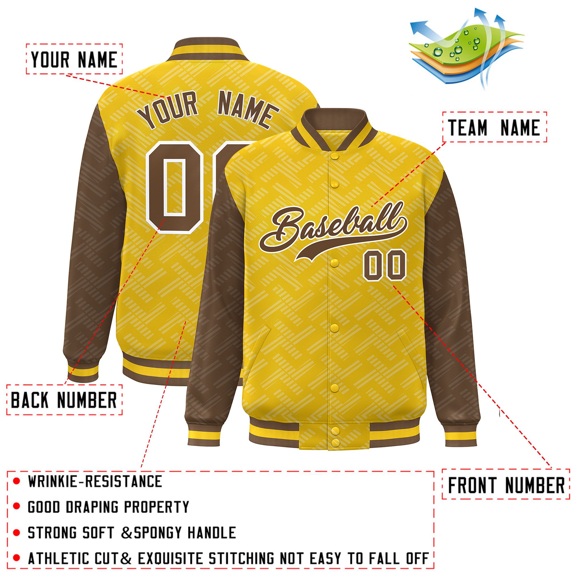 Custom Gold Light Brown L Pattern Varsity Raglan Sleeves Full-Snap Letterman Baseball Jacket