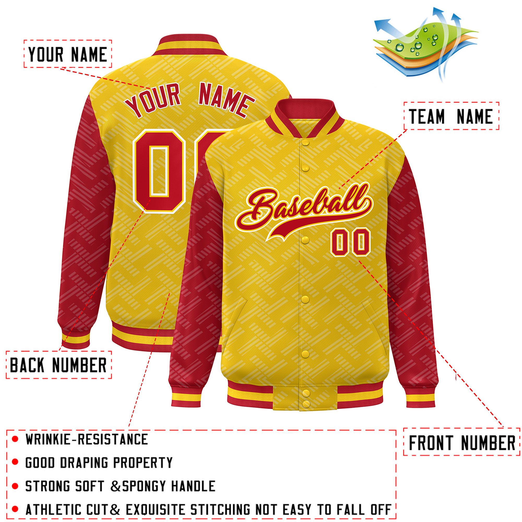 Custom Gold Red L Pattern Varsity Raglan Sleeves Full-Snap Letterman Baseball Jacket