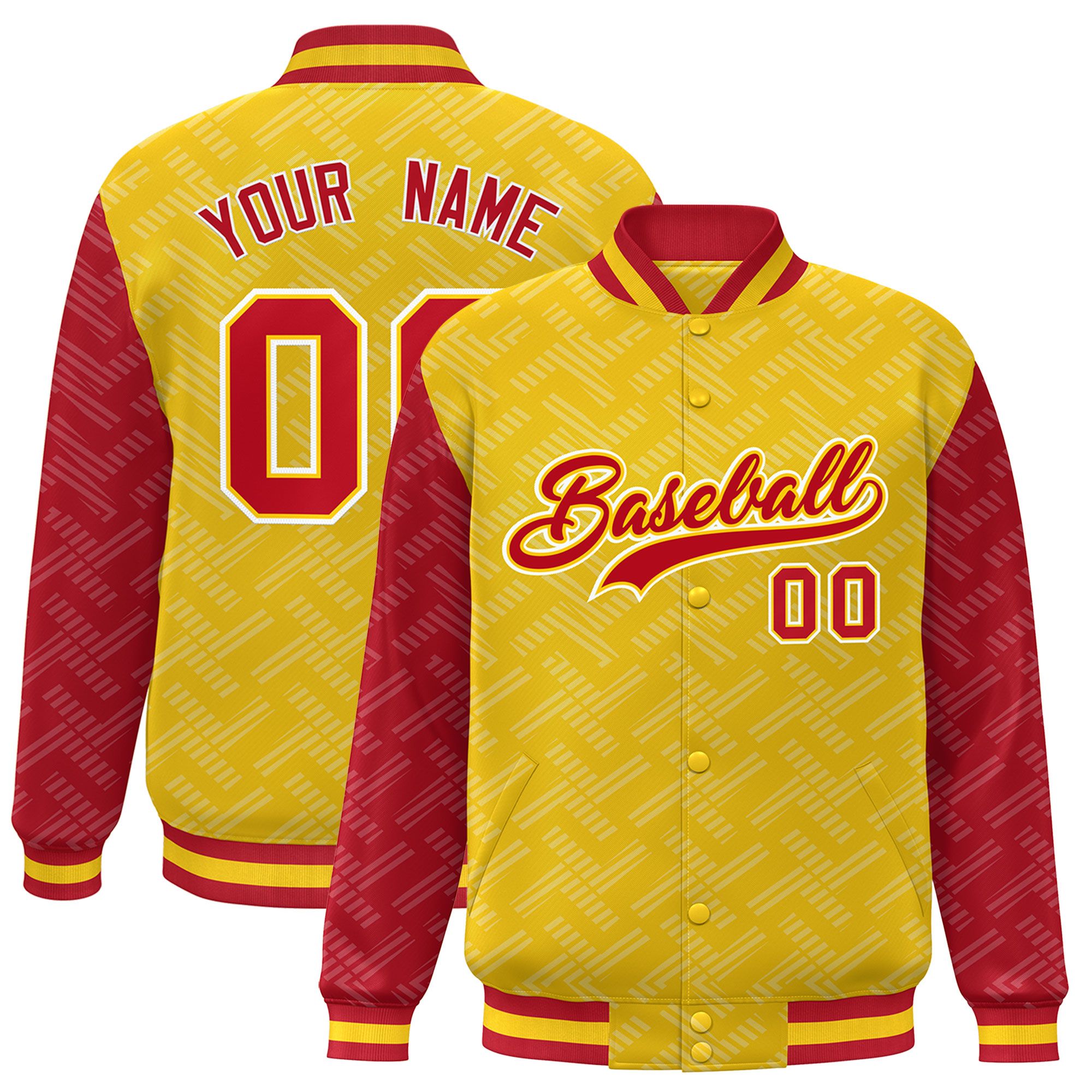 Custom Gold Red L Pattern Varsity Raglan Sleeves Full-Snap Letterman Baseball Jacket