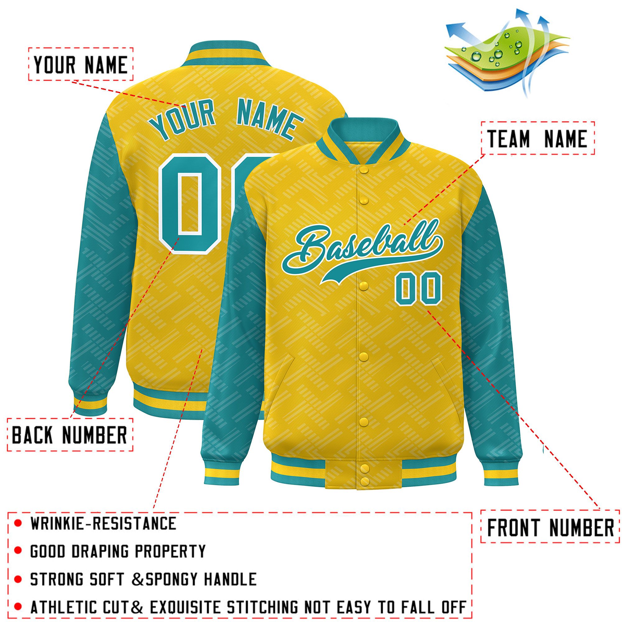 Custom Gold Aqua L Pattern Varsity Raglan Sleeves Full-Snap Letterman Baseball Jacket